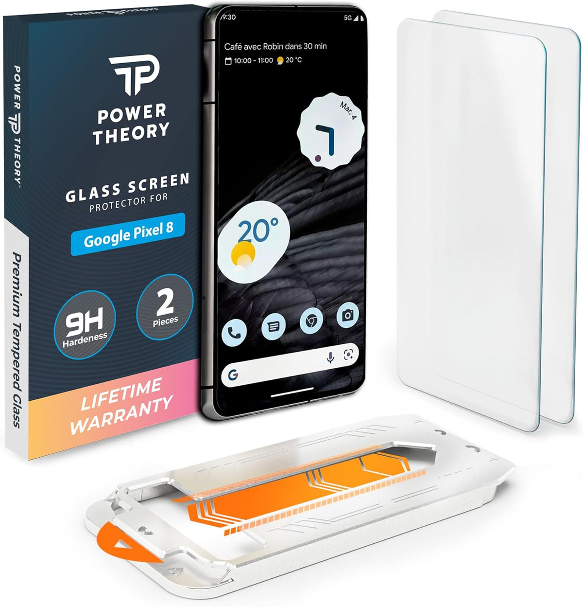 Power Theory Screen Protector for Google Pixel 8, Tempered Glass [Ultra 9H Hardness], 2 Pack, Easy Install Kit,