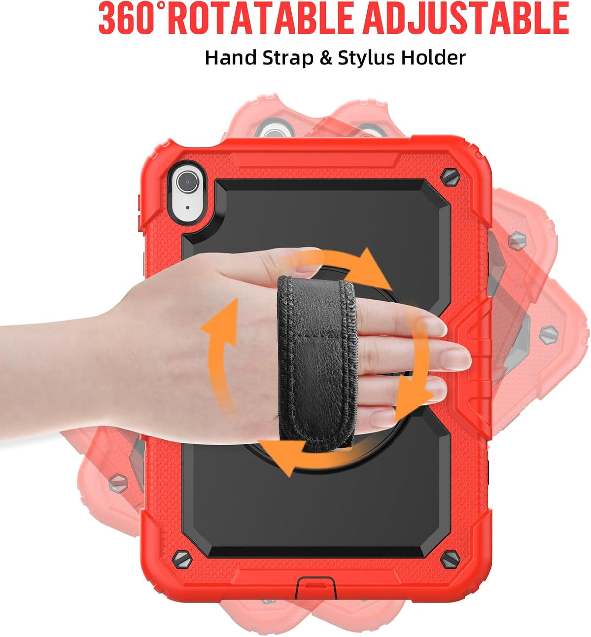BLOSOMEET Case for iPad A16 11th/10th Generation 11''/10.9'' 2025/2022 with Tempered Glass Screen Protector & Pencil Holder, Rugged Military Grade Cover w/Stand Hand Shoulder Strap, Red
