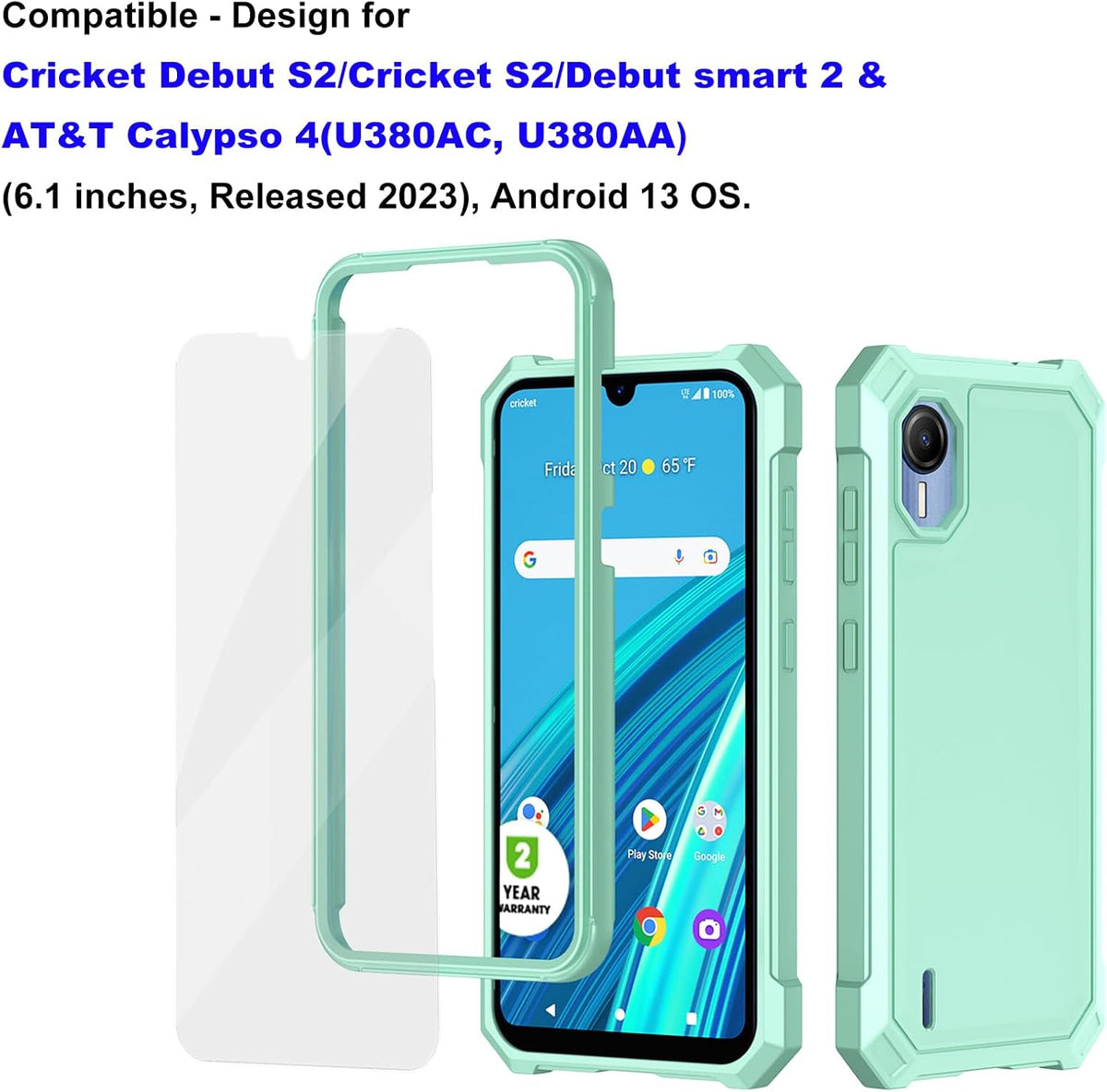 Ailiber Cricket Debut S2 Phone Case, Heavy Duty Protective Cover with Screen Protector, Mint Green