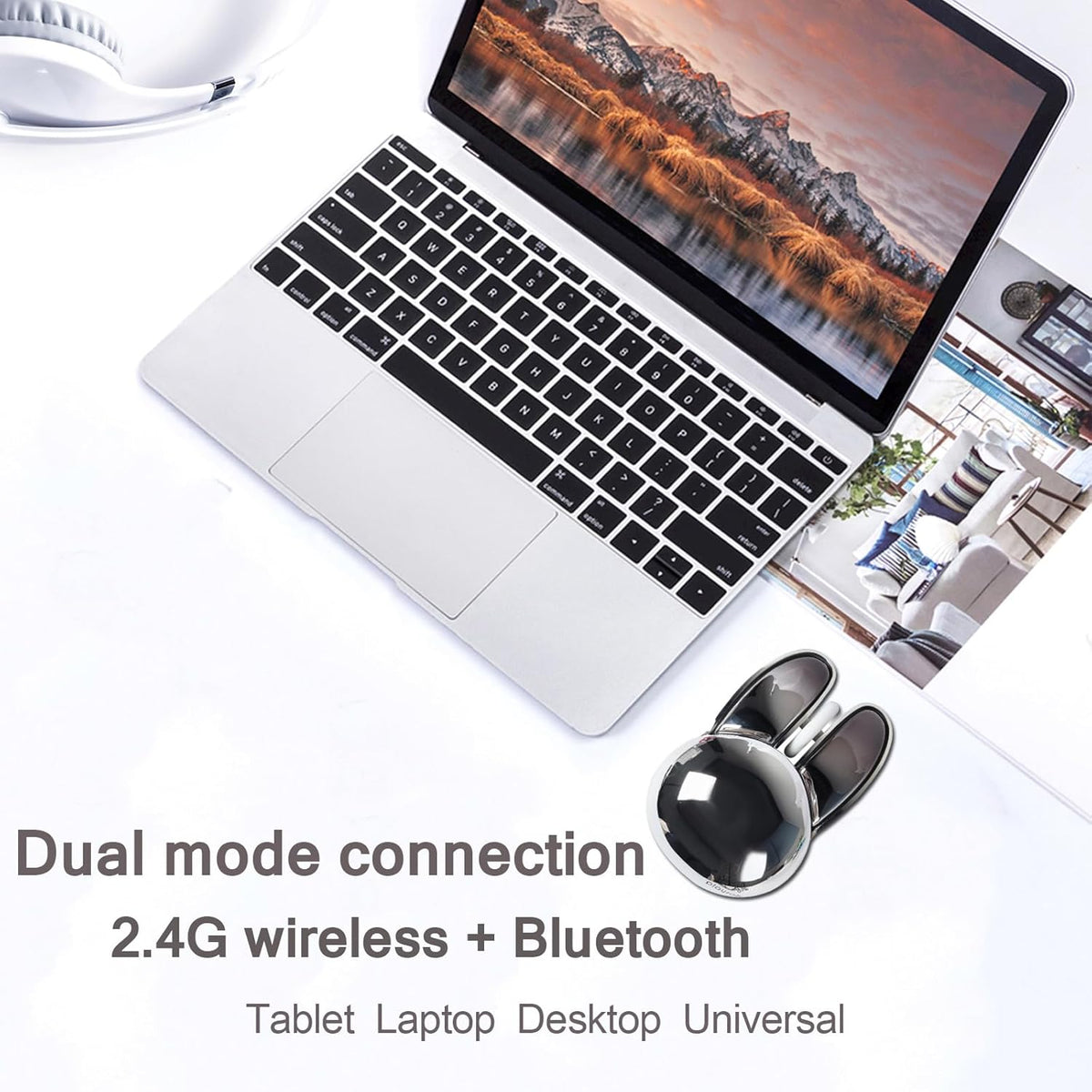 Wireless Mouse Cute Bunny Bluetooth Dual-Mode, Small Quiet USB Optical Silent Kawaii Rabbit for PC, Silver
