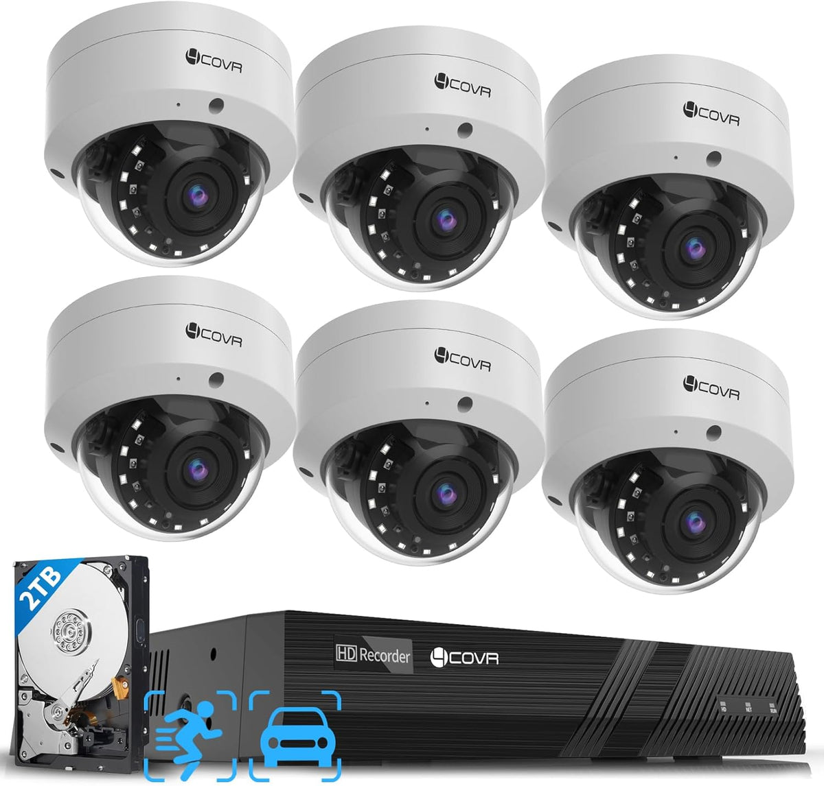 4COVR 8 Channel Security Camera System, 6X 5MP IK10 Vandal-Proof Wired Commercial Dome PoE IP Camera IP67, AI Human Vehicle Detection, 8CH 4K NVR 2TB HDD, 24/7 Home Surveillance Outdoor, LY54AX5M0806