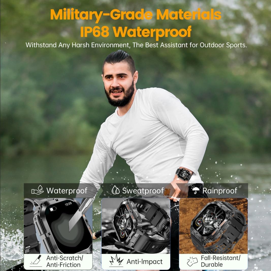 Military Smartwatch for Men, 1.96" AMOLED Screen, Bluetooth Calls, IP68 Waterproof, Black & Orange Bands