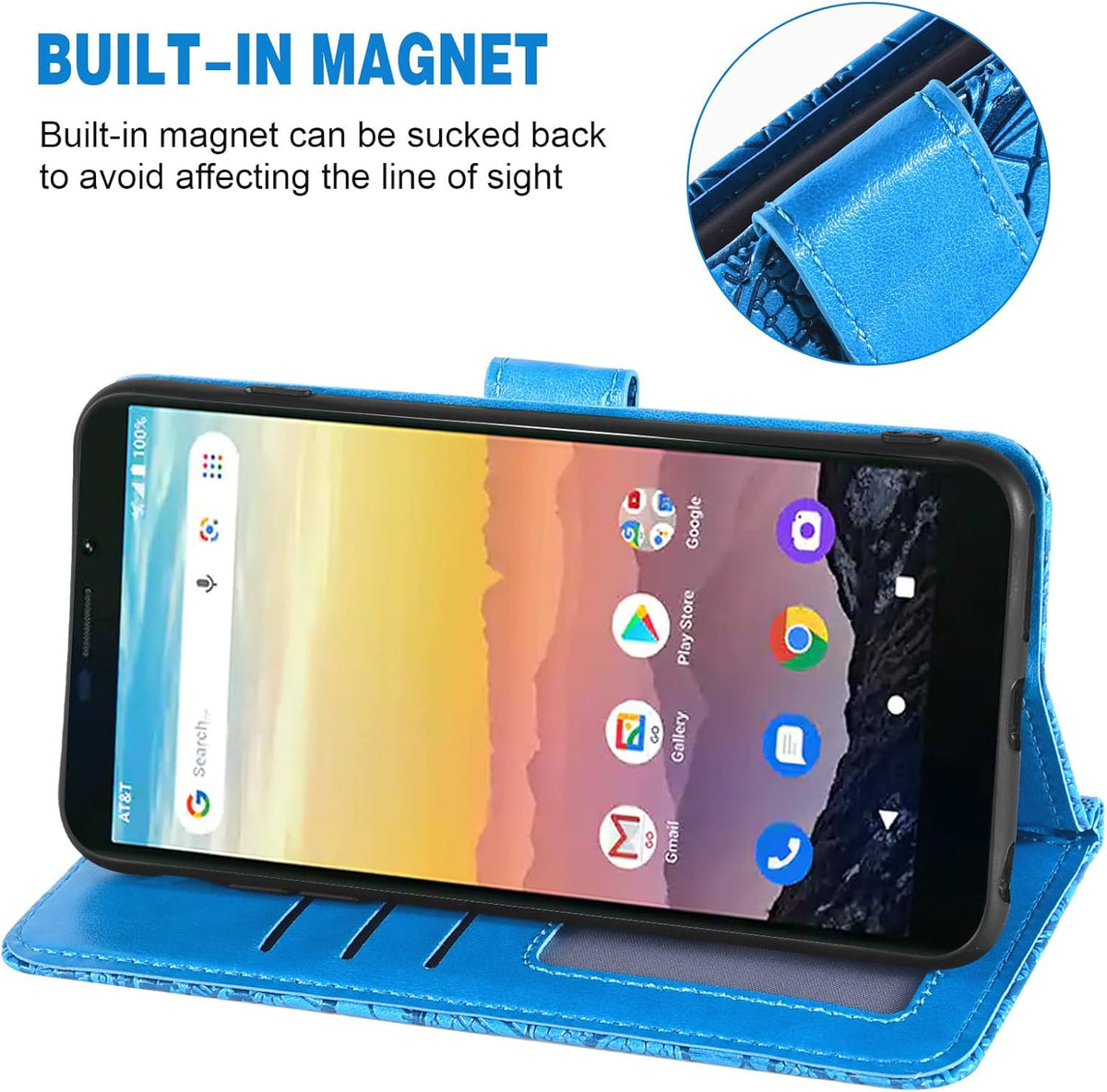 Asuwish Lace Wallet Phone Case for Cricket Vision 3/Debut/AT&T Calypso 1 2 with Tempered Glass & Card Holder - Blue