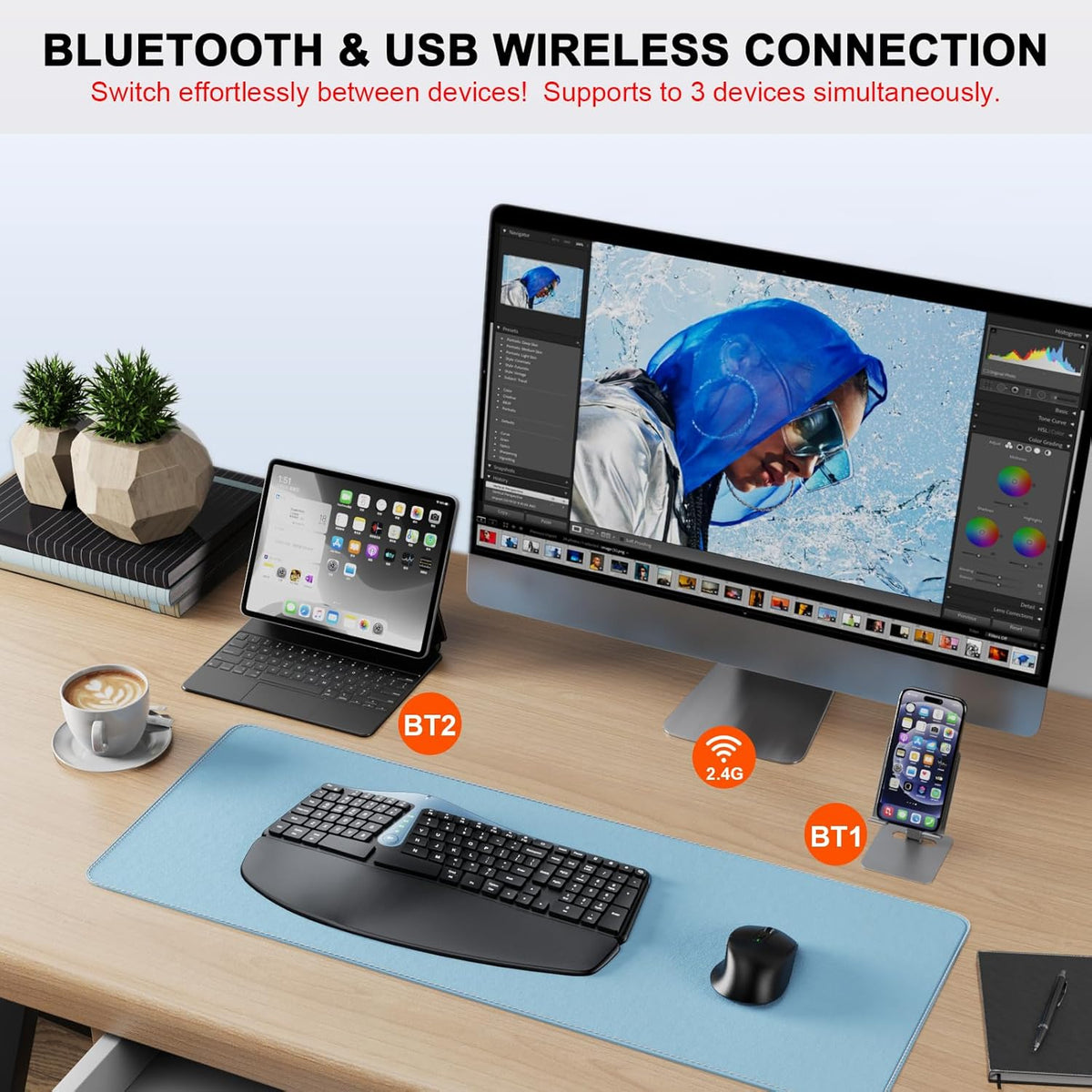 Ergonomic Wireless Keyboard Mouse Combo, MK835 Wave Keys Bluetooth/2.4G Split Design Ergo Keyboard with Cushioned Palm Rest, Multi-Device, Rechargeable, for Multi-OS, Windows/Mac/Android