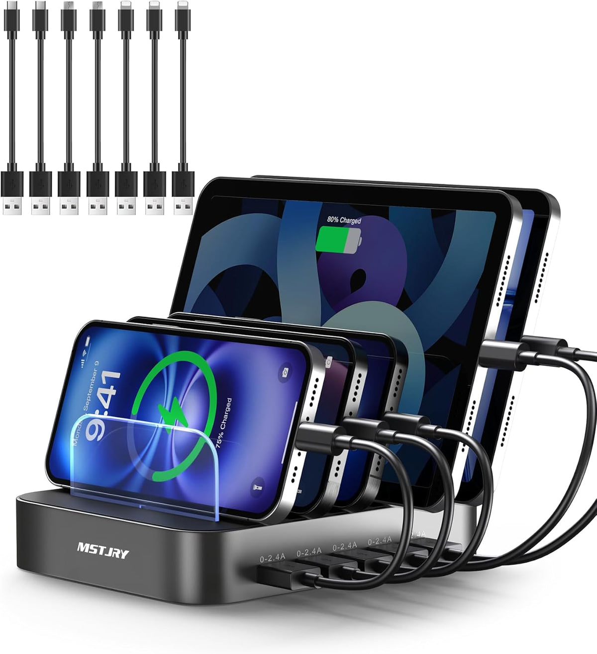 MSTJRY Charging Station for Multiple Devices : 5 Port Multi USB-A Charger Stations Multi-Device Organizer Charging Dock Designed for iPhone iPad Cell Phone Tablets (7 Short Cables Included), Gunmetal