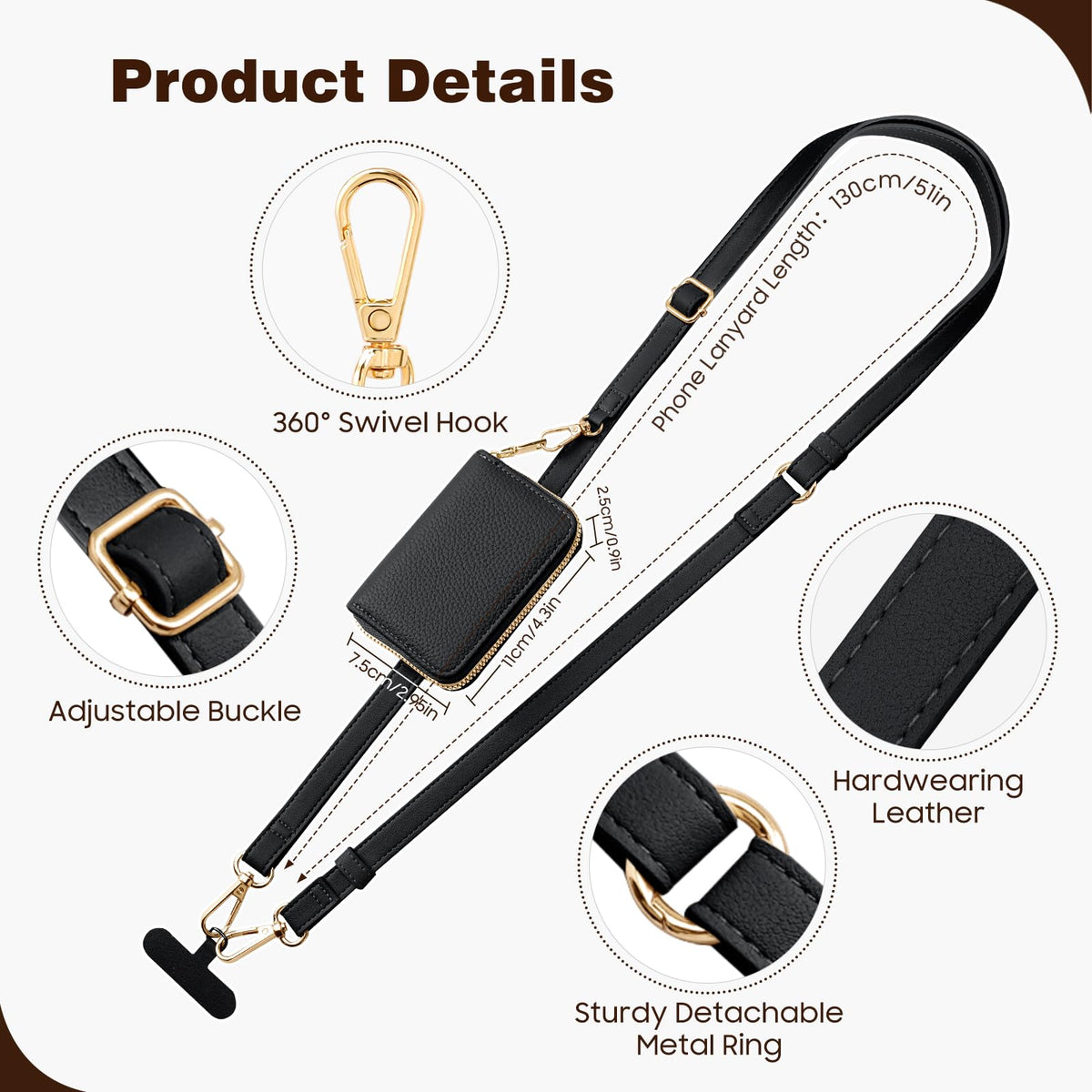 TiMOVO Phone Lanyard, Strap with Leather Wallet Pouch, Universal Crossbody Phone Lanyard Adjustable Neck Strap, Compatible with Most Smartphones