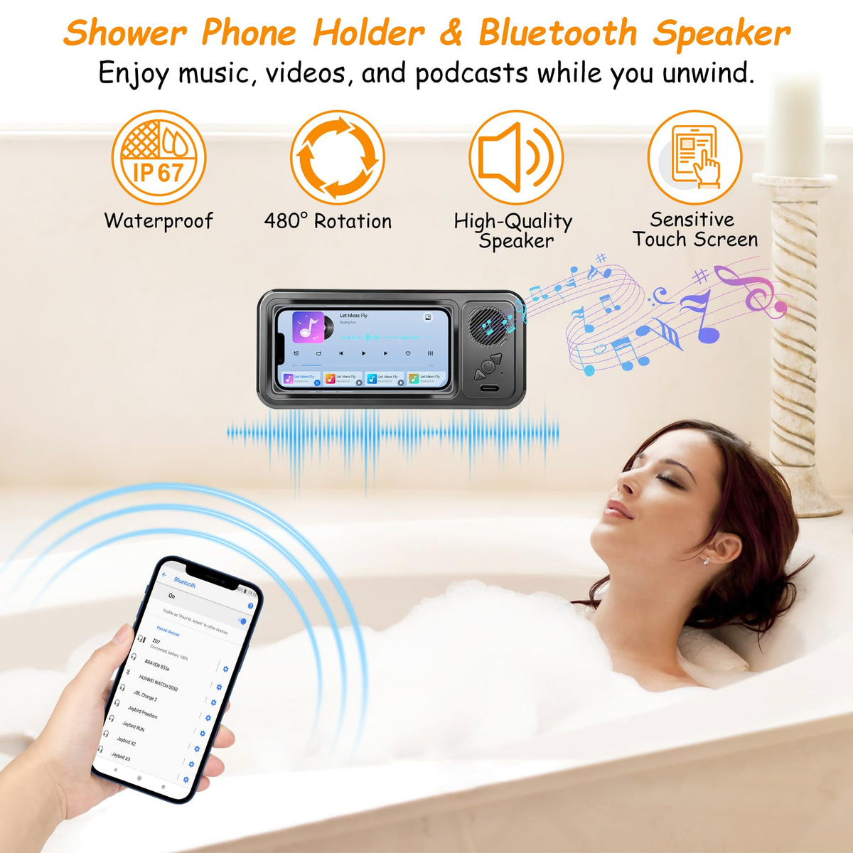 Shower Phone Holder with Wireless Bluetooth Speaker , 480° Rotation Retractable Adjustable Shower Case for iphone ,Bathroom Wall Phone Mount Stand