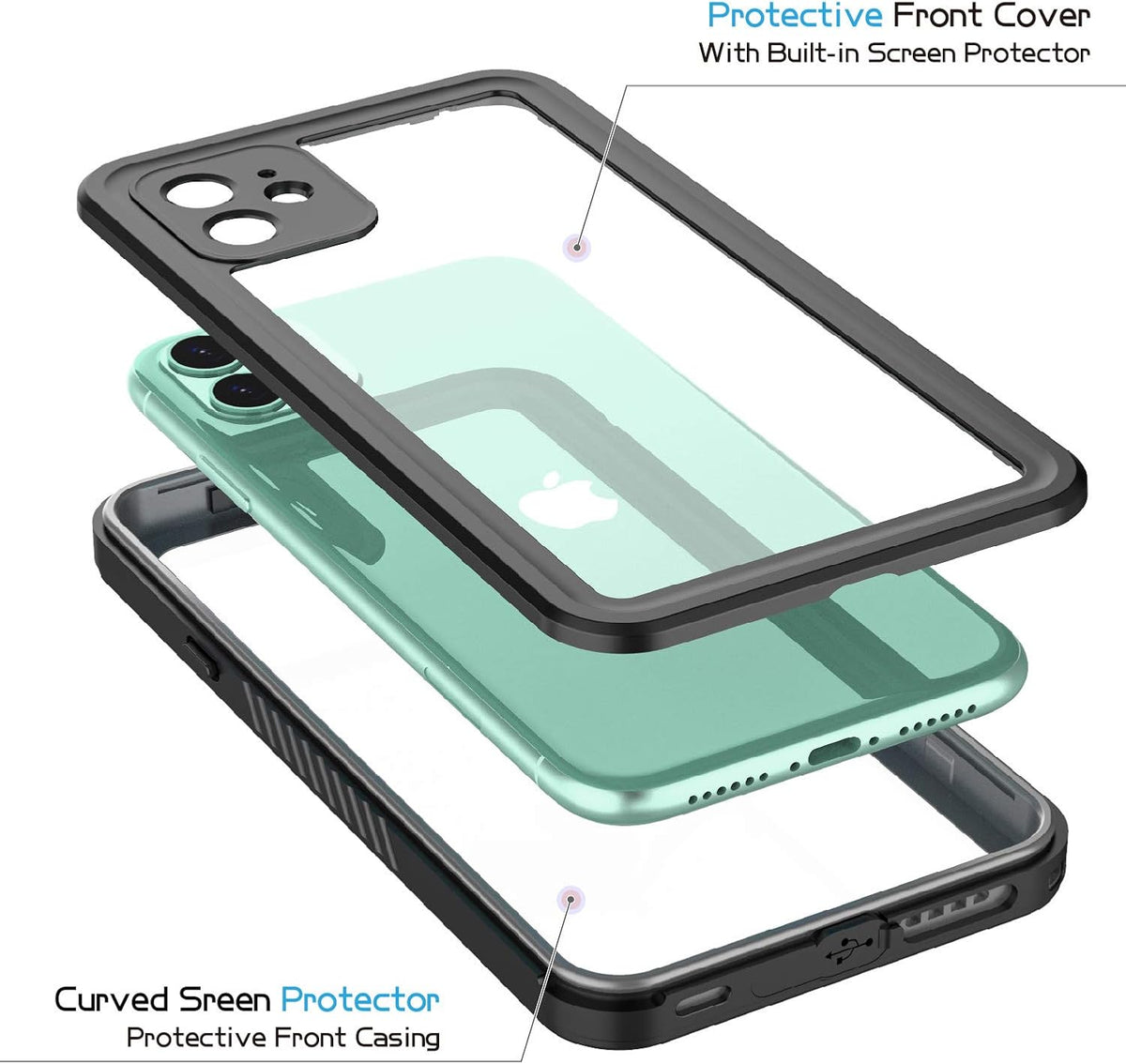 Compatible with iPhone 11 Black/Clear Waterproof Case, Full-Body Rugged Bumper with Built-in Screen Protector