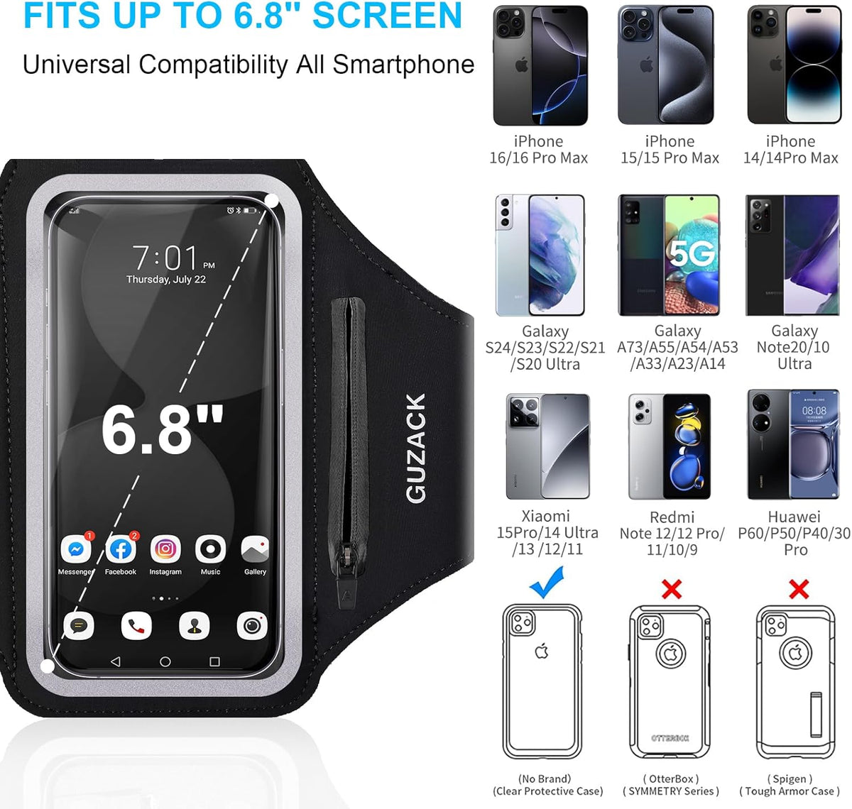 GUZACK Running Phone Holder with Zipper Pouch, Running Armband for iPhone 16 Pro/15/14/13/12/11 Pro Max/Plus/XR/XS, Galaxy S25/S24/S23/S22, Cell Phone Arm Holder with Card Slot - Size S