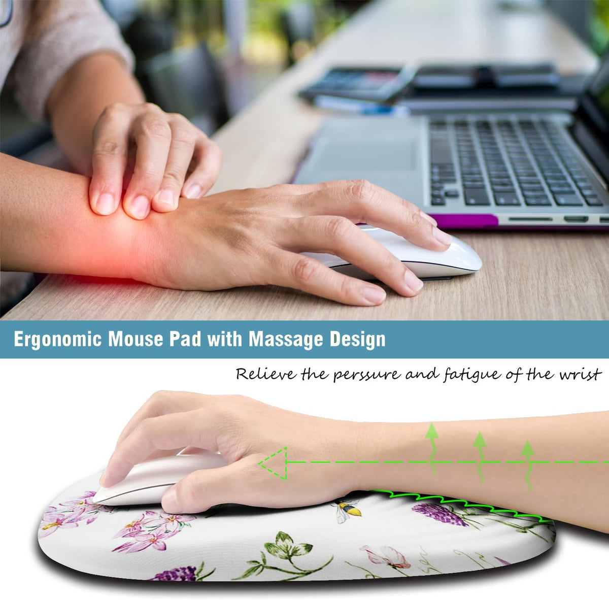 Floral Ergonomic Mouse Pad Wrist Support, Pretty Flowers Mouse Pad with Wrist Rest, Foam Massage Design & Non-Slip PU Base MousePads for Pain Relief, Desk, Office, Home