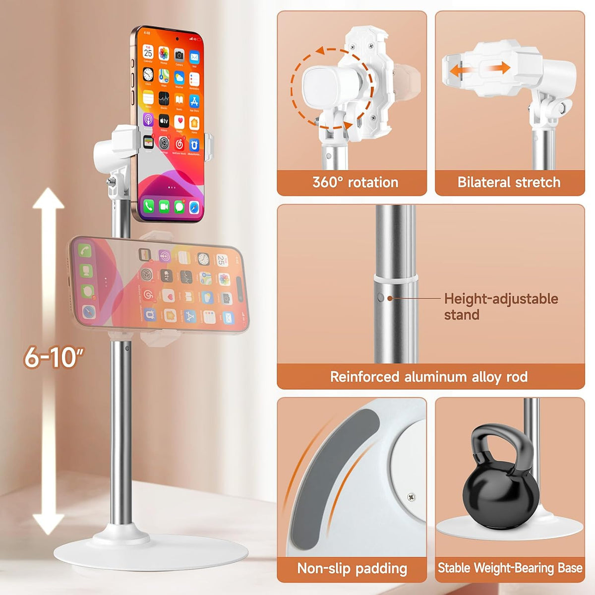 Adjustable Phone Stand for Desk with Clip Mount Live Streaming: 360° Rotatable Overhead Shot Holder with Sturdy Metal Base, Compatible with TikTok, YouTube, Zoom Video Recording (White)