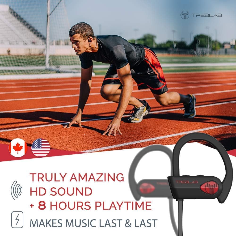 TREBLAB XR500 Bluetooth Running Headphones, IPX7 Waterproof, Noise Cancelling, Secure-Fit, Wireless Sport Earbuds with Mic