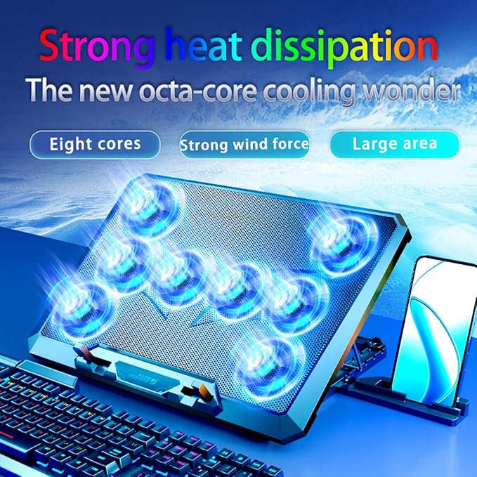 Laptop Cooling pad for Asus Creator Laptop Q Series Q530 Gaming laptops Laptop Cooler with 8 Fan Adjustable Speed 5-Level Height Adjustment Mute Silent2 USB-A PortBuilt-in Phone Stand
