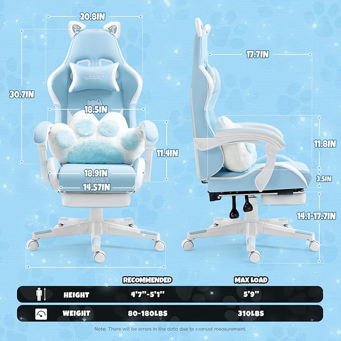 Cute Gaming Chair with Cat Paw Lumbar Cushion and Cat Ears Kawaii Pink Computer Chair with Footrest Ergonomic PC Video Anime Gaming Chairs Recliner for Kids Girls Teens (Blue)