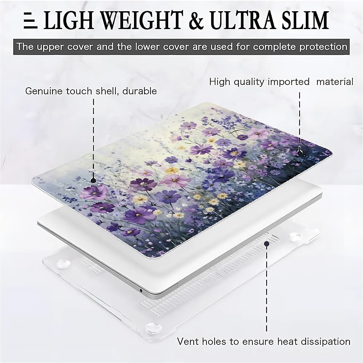 Compatible with MacBook Air 13.3 13.6 Inch Case 2022 2021 2020 2019 Plastic Hard Shell Case Cover,13.6 Air (A2681) M2 2022, Purple Wildflowers