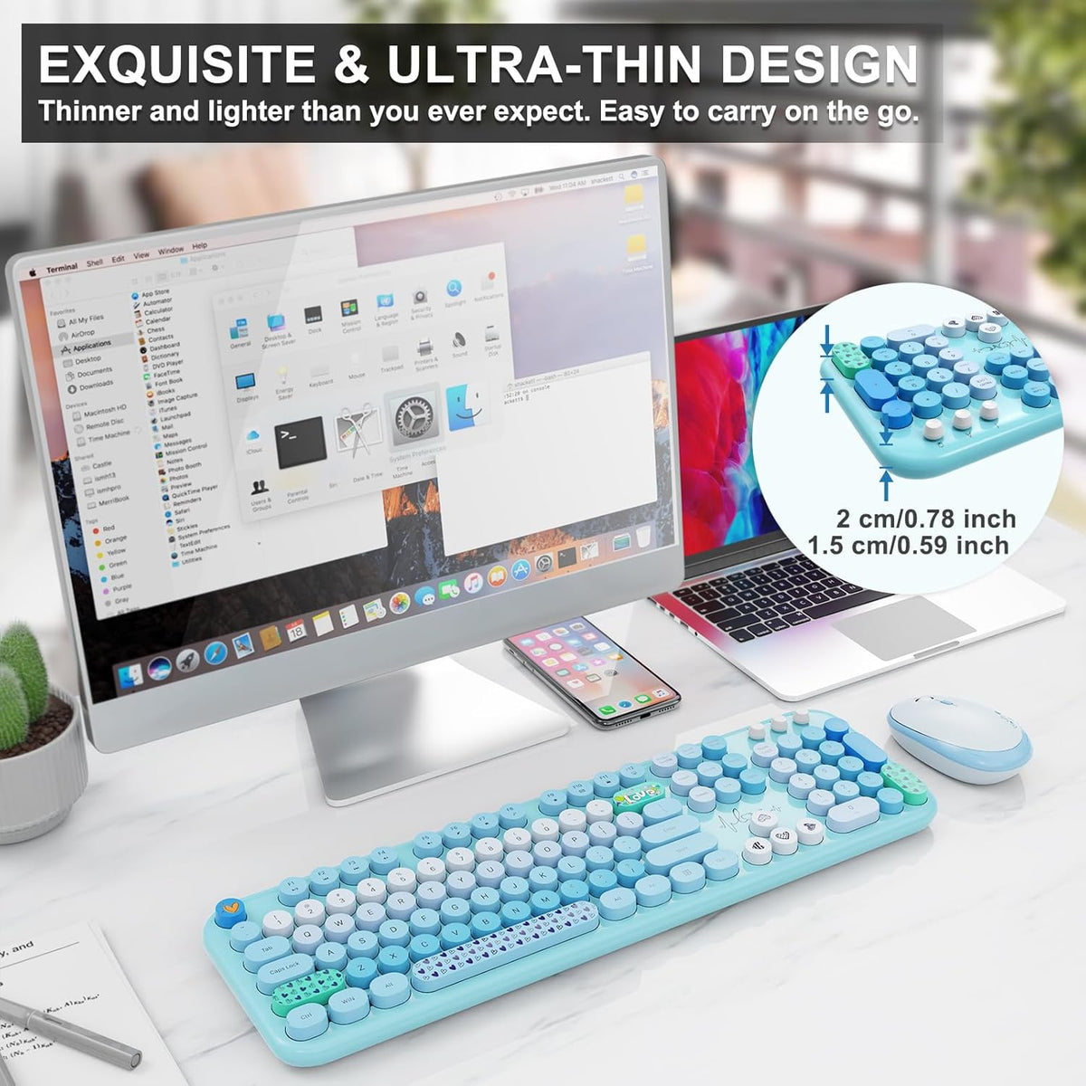 Wireless Keyboard and Mouse Set, 104 Round Keys Full-Size Cute Colorful Keyboard and Mouse with Retro Typewriter for PC/Mac/Laptop/Tablet/Computer/Windows Blue