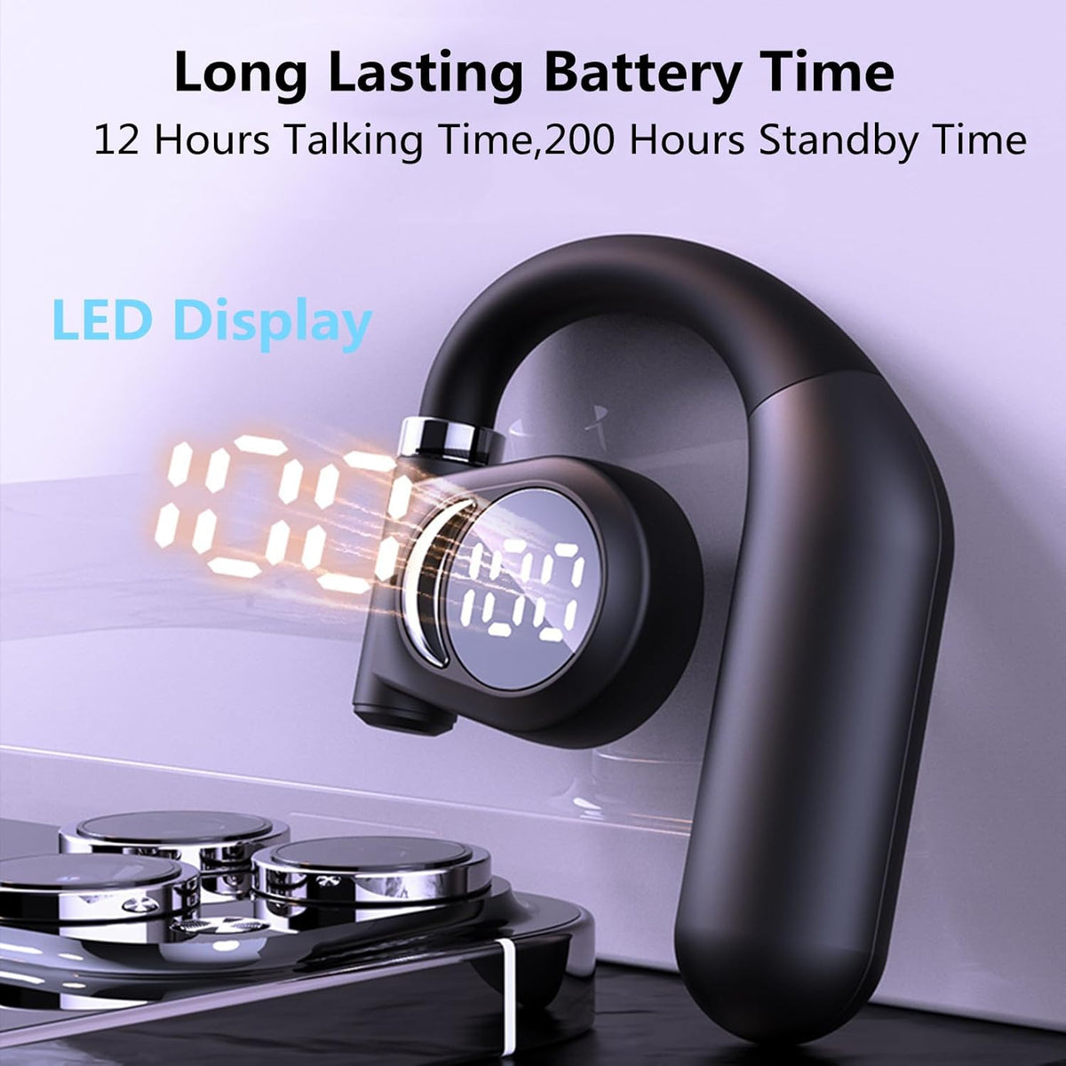 Single Ear Bluetooth Headset, 5.3 Wireless Earpiece with Built-in Mic Battery Display for Cell Phone Computer