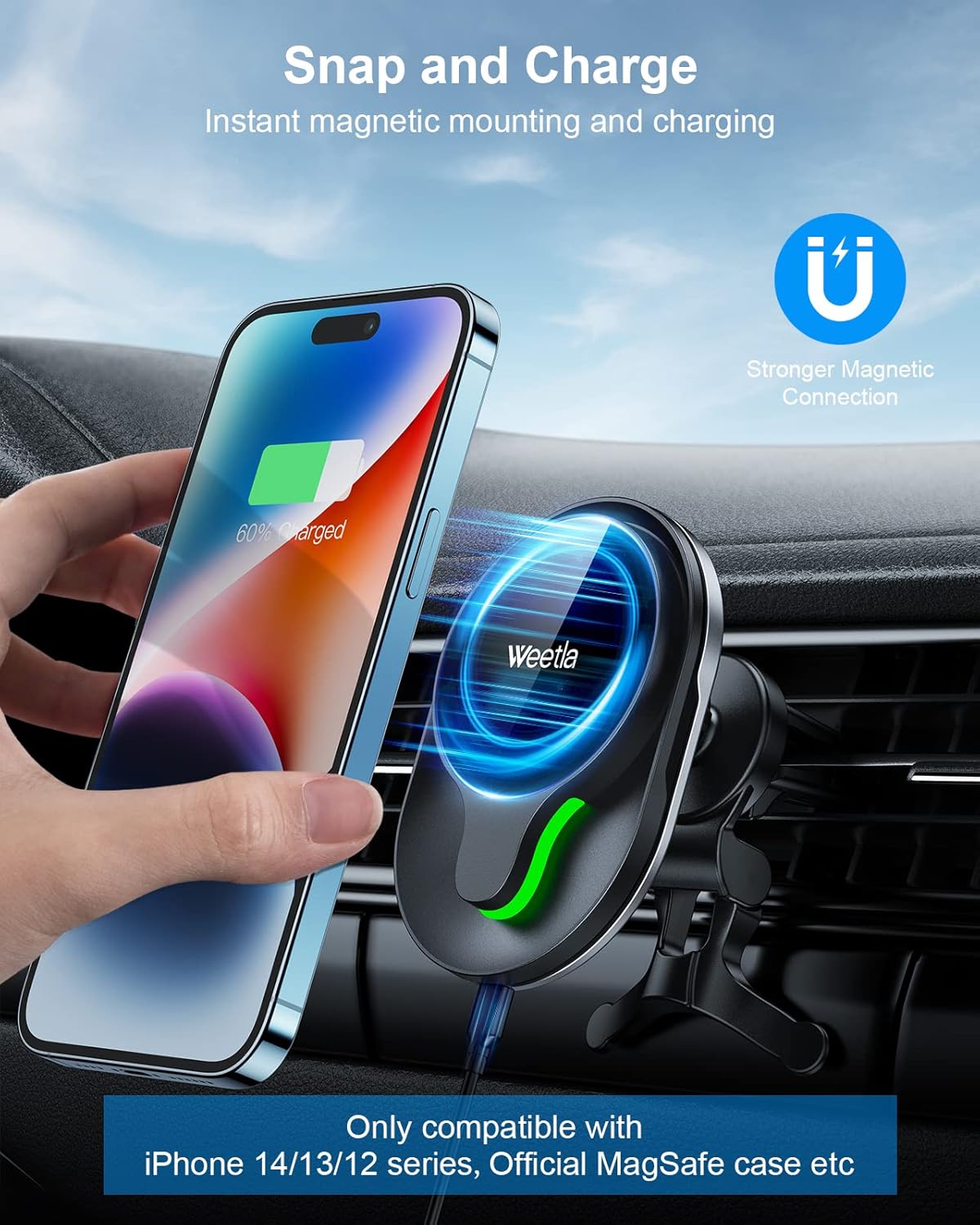 iPhone MagSafe Car Mount Charger by weetla, Magnetic Wireless Charger for Air Vent, Compatible with iPhone 14/13/12