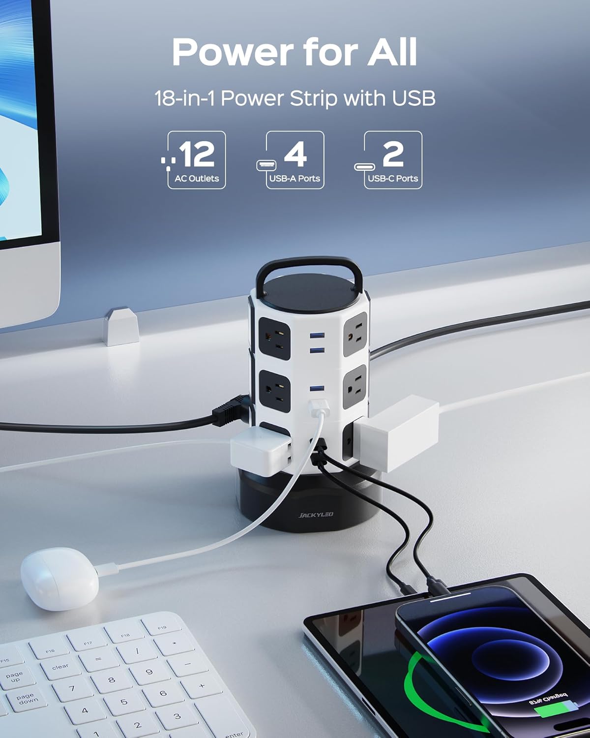 Power Strip Tower Surge Protector, JACKYLED 12 Outlets 6 USB (2 USB C) Charging Station, Extension Cord with Multiple Outlets, 1050J 1625W/13A Outlet Extender 6.5ft Extension Cord for Home Office