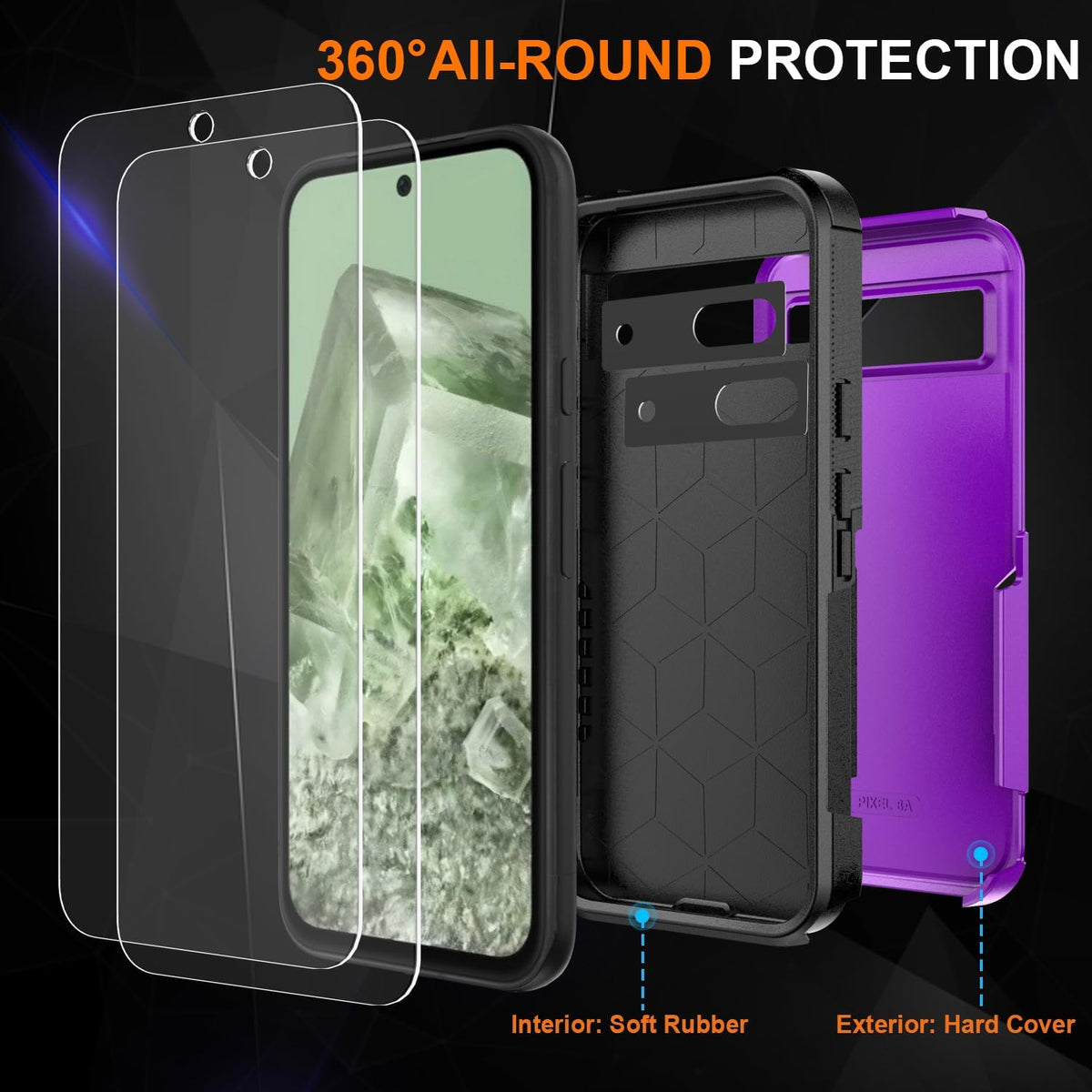 Ezanmull Google Pixel 8A Case: Purple, 15 FT Military Grade Drop Protection, Non-Slip, with Screen & Camera Lens