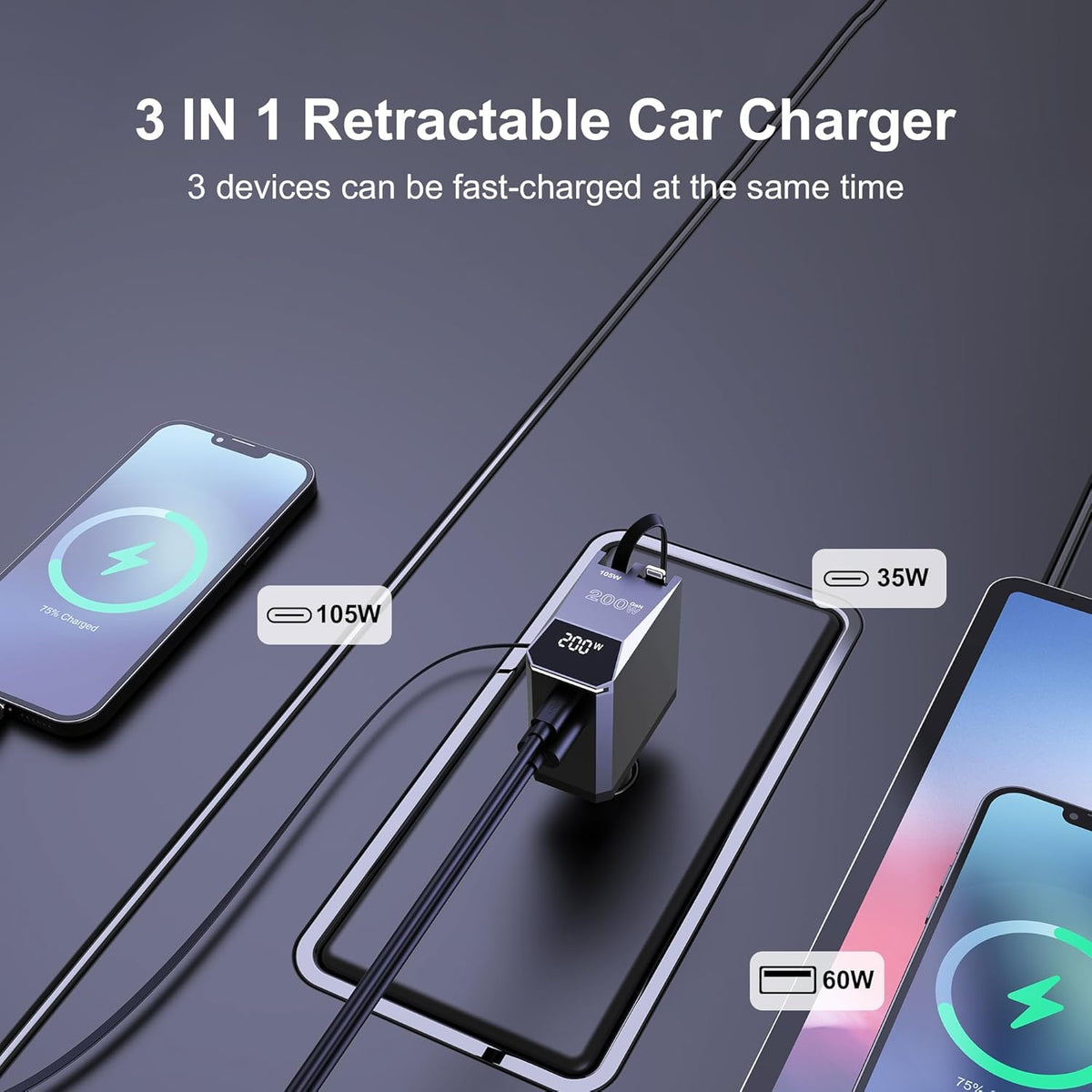 Aftertop 200W Retractable Car Charger, 3-in-1 Independent Fast Charging, 2.3ft 105W Retractable Cable, Power Display USB C Car Charger for MacBook Pro, iPhone 16 15, Galaxy S25 S24 Ultra etc