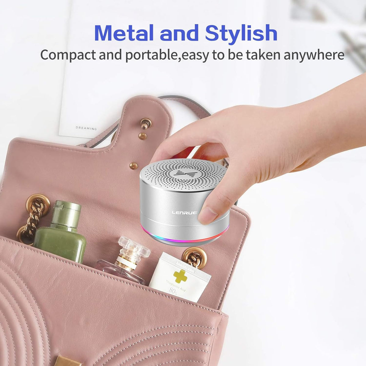 LENRUE Portable Wireless Bluetooth Speaker, Built-in Mic, HD Sound and Bass for iPhone, iPad, Android, Silver