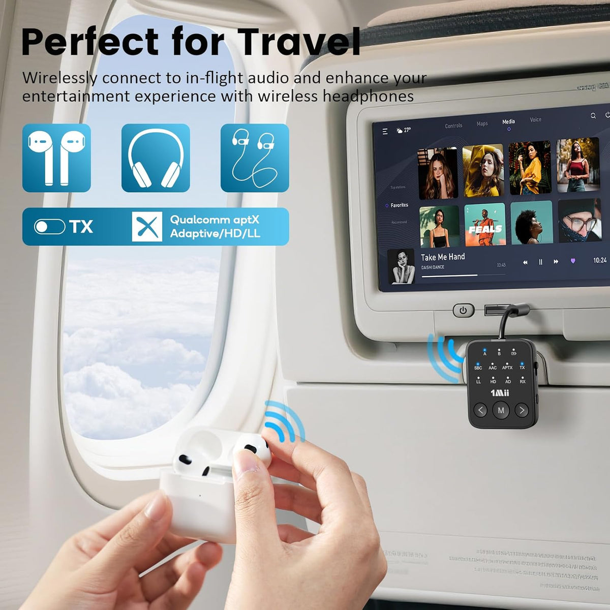 1Mii Bluetooth 5.3 Transmitter Receiver 2-in-1, aptX Adaptive & Low Latency Wireless Audio Adapter for Airplane, Dual Link 2 Devices, 25H Playtime, 3.5mm AUX for TV/Car/Home Stereo/Gym