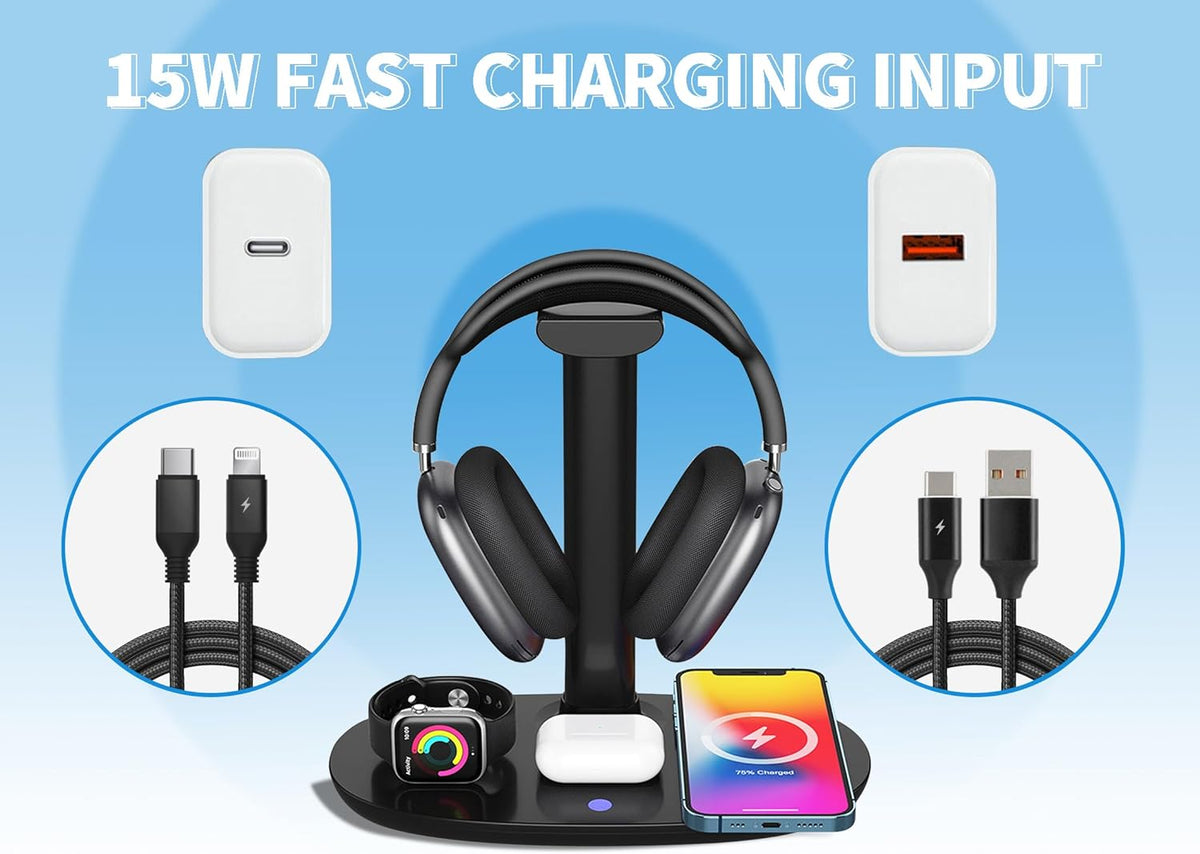 4 in 1 Headphone Stand with 15w Qi Charging Station, Detachable Design for Travel, Home, Hotel