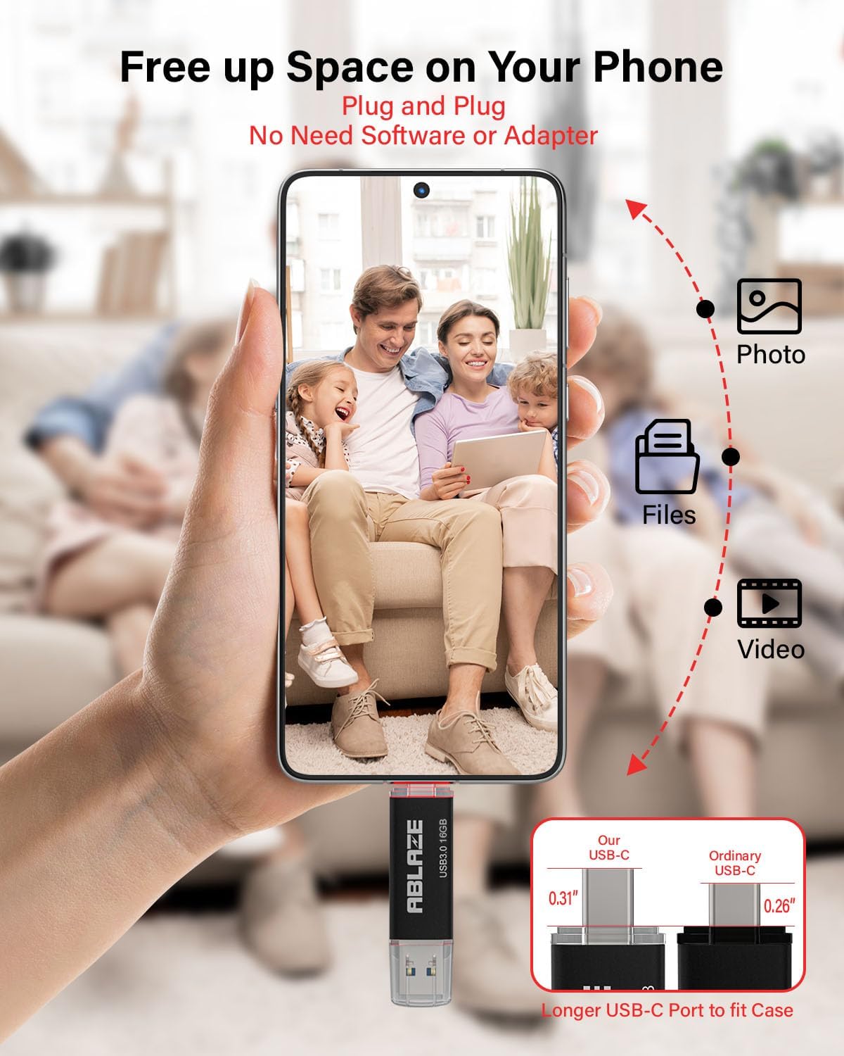 ABLAZE Type C Flash Drive 16GB, Dual USB 3.0+ USB C Flash Drive Compatible with iPhone 16/15,Android Smartphone,Computer,Tablet Mac Laptop