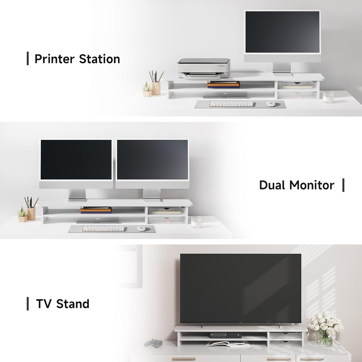 Fenge Monitor Stand, Dual Monitor Riser, 42.5inch Large Desk Computer Monitor Stand Riser with Drawer, 2 Tier Wood & Acrylic Desktop Organizer for Computer, Laptop, Printer, TV Screen Riser