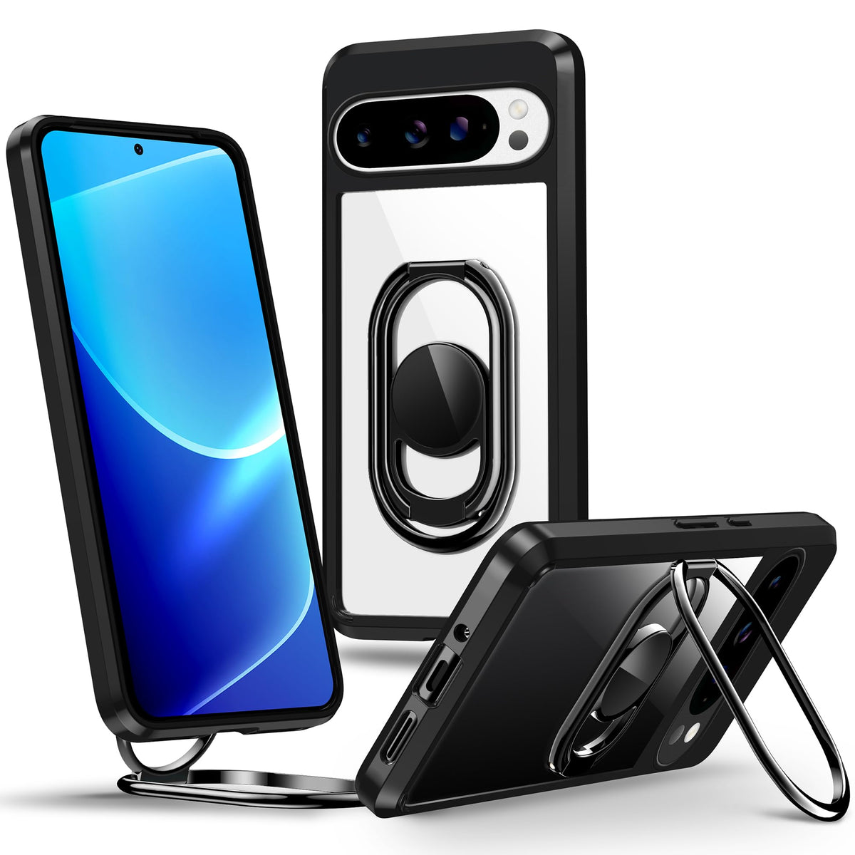 Shields Up For Google Pixel 9 Pro Xl Case With Stand, Pixel 9 Pro Xl Case Clear With Double Ring Holder [Adjustable & Foldable]