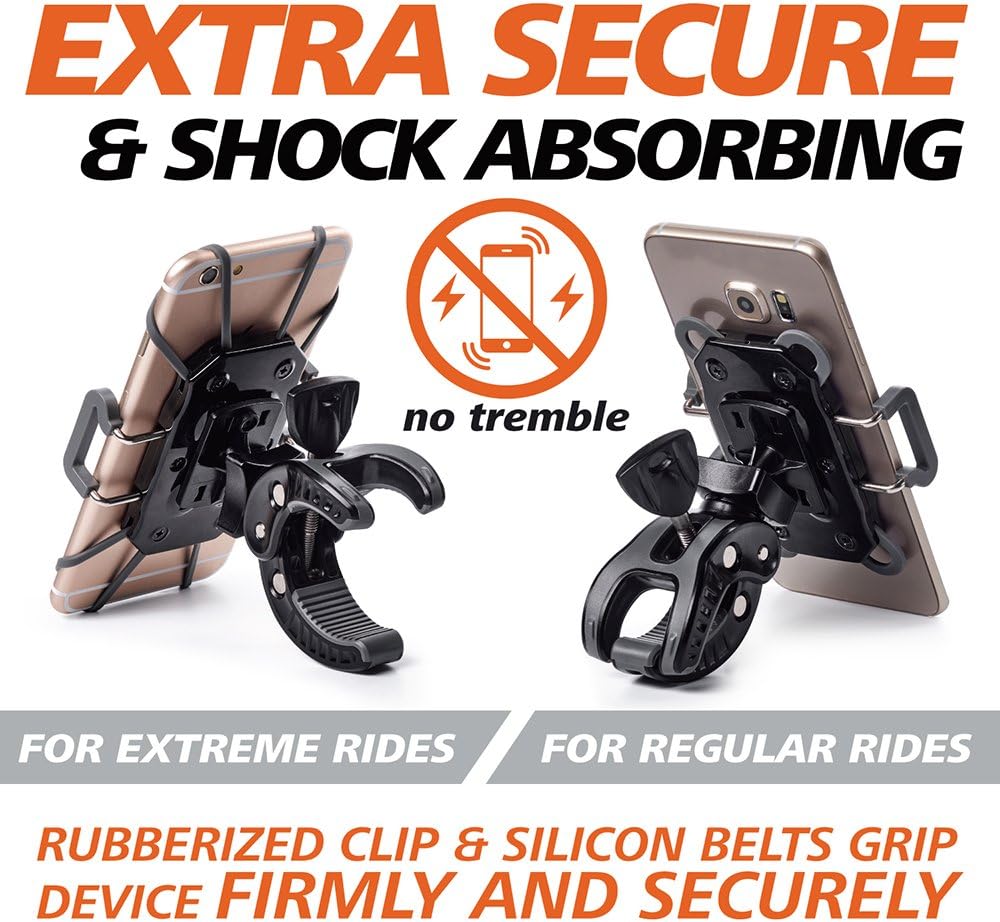 Bike & Motorcycle Phone Mount - For iPhone 16 (15, Xr, SE, Max/Plus), Galaxy S22 or any Cell Phone - Universal ATV, Mountain & Road Bicycle Handlebar Holder. +100 to Safeness & Comfort