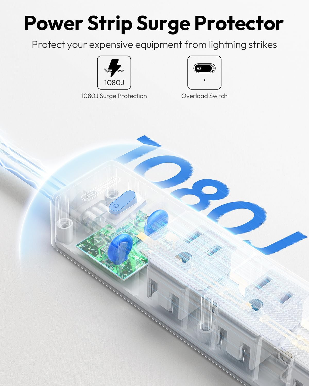 Flat Heavy Duty Extension Cord 15 FT - NTONPOWER Long Surge Protector Power Strip with 12 AC Outlets and 3 USB Ports