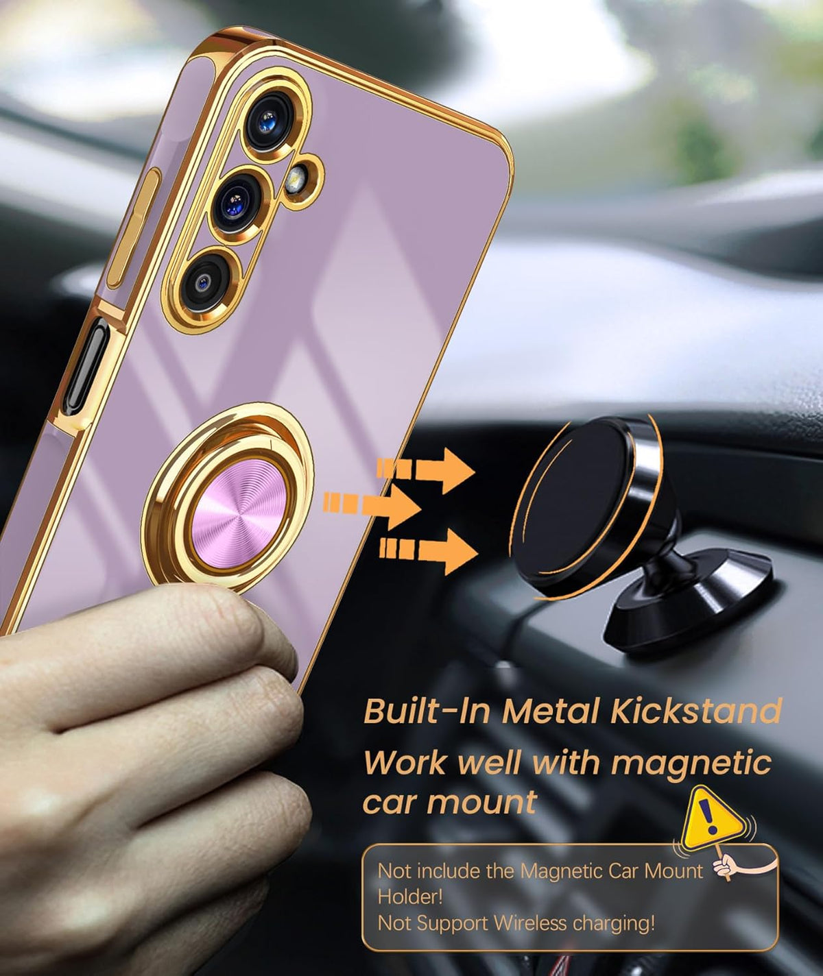 Dretal Galaxy A15 5G Case - Slim TPU, Screen Protector, 360° Rotatable Ring Holder, Magnetic Kickstand, Gold Edge