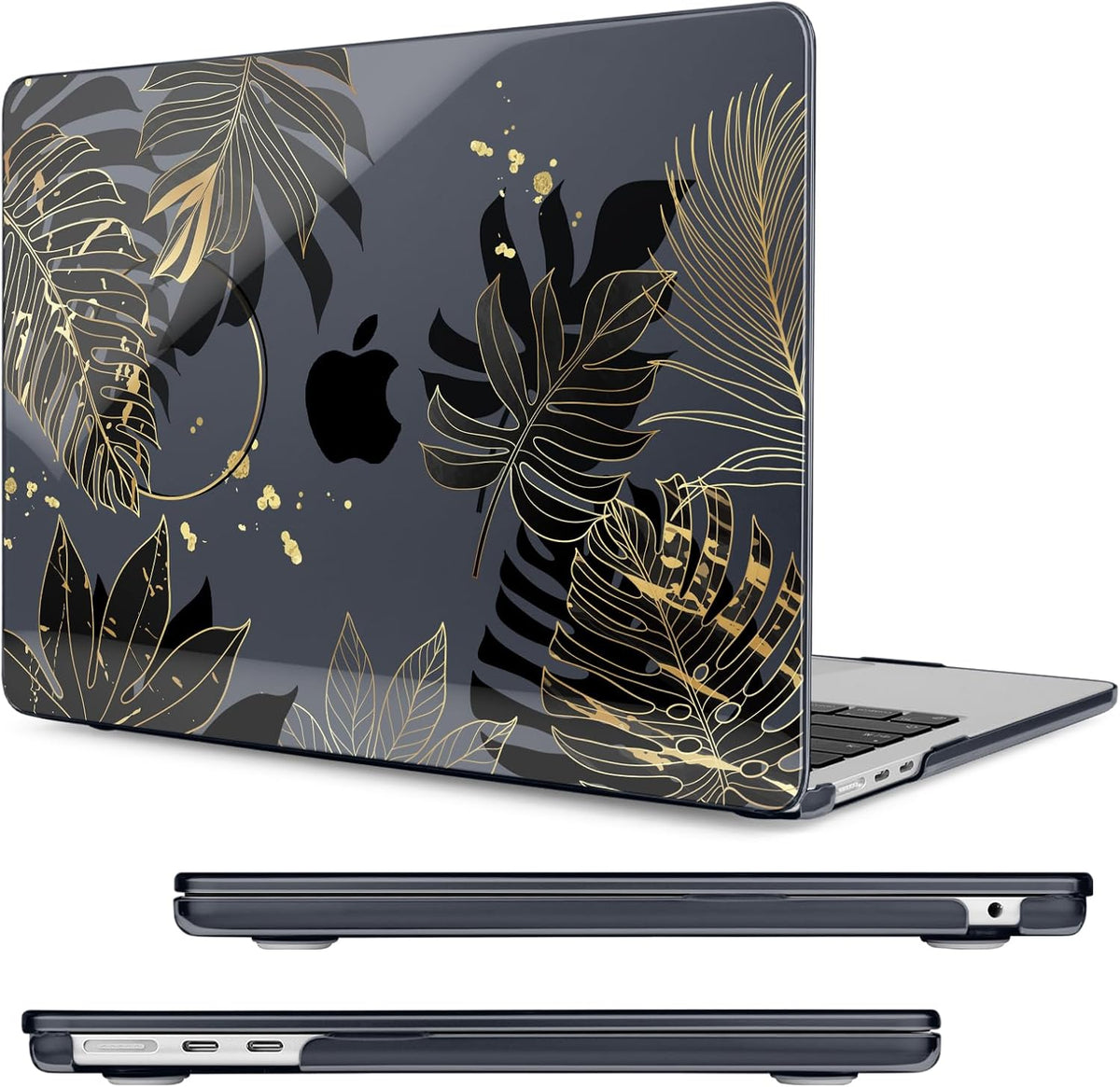Compatible with MacBook Air 13.6 inch Case, M4 A3240/M3 A3113/M2 A2681 (Released 2025 to 2022), Hard Shell, Keyboard Cover, Screen Protector, Webcam Cover & Type-C Adapter, Gold Tropical Leaf