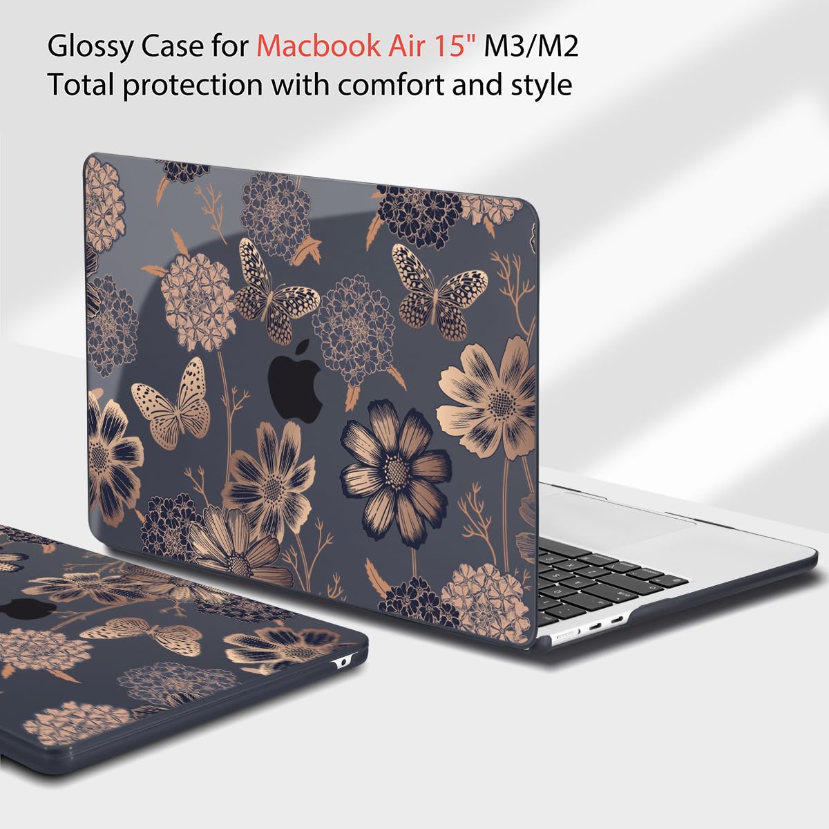 Teryeefi Compatible with M3 MacBook Air 15 inch Model A2941 [2023 2024], Designed Hard Shell Case & Keyboard Cover & Screen Protector,Flowers & Butterfly
