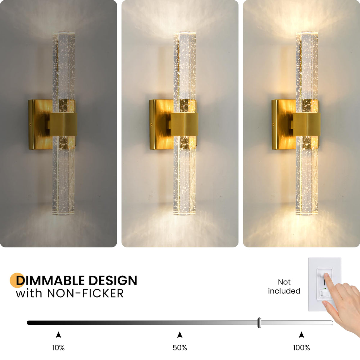 Epinl Gold Wall Sconces Set of Two - Bathroom Sconces Wall Lighting 14W Dimmable LED Crystal Wall Light with Bubble Glass 15.7inch Indoor Vanity