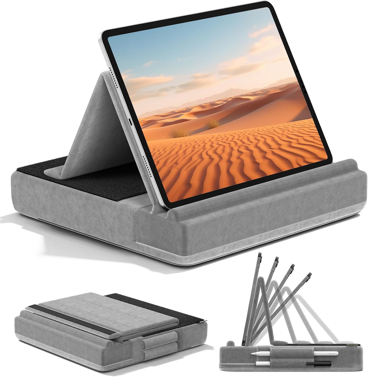 KDD Tablet Pillow Stand, Multi-Angle Viewing Ipad Holder for Lap, Bed and Desk, Foldable Soft Pad Dock with Stylus Mount Compatible with Ipad Pro 12.9, 10.5, 11, Air, Mini, Phones, Books, E-Reader