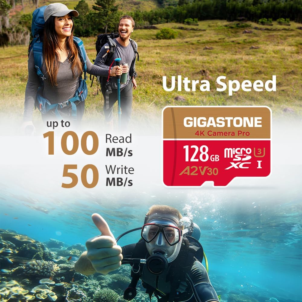 Gigastone 5-Years 128GB 4K 100/50 U3 A2 V30 C10 Data Recovery Micro SD Card, Video Recording for GoPro, Action Camera