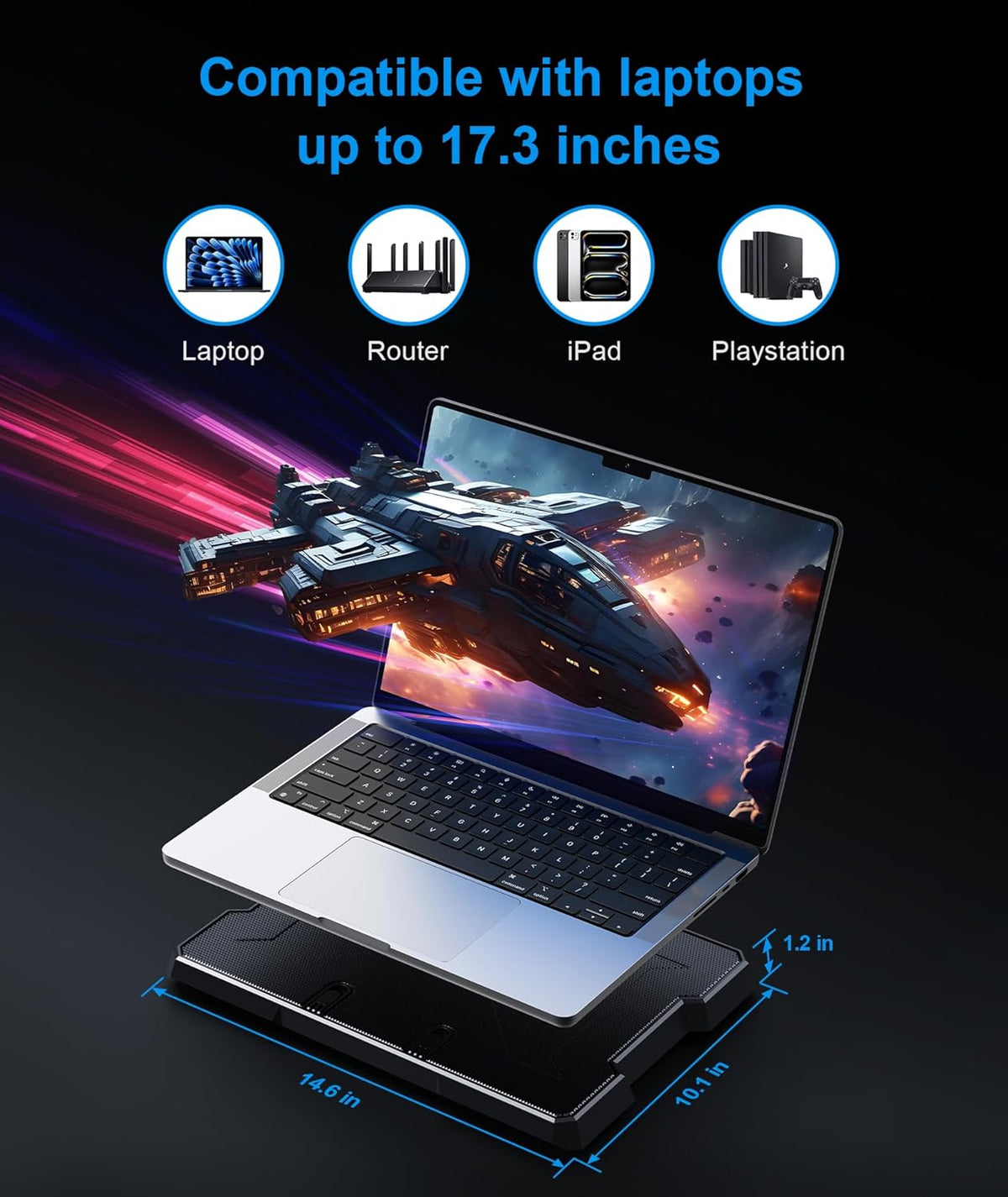 Laptop Cooling Pad, Laptop Cooler with 6 Quiet Fans Up to 17.3 Inch Heavy Notebook Cooler Stand, 8 Levels of Tilt, Two Levels of Height Adjustable (Black)