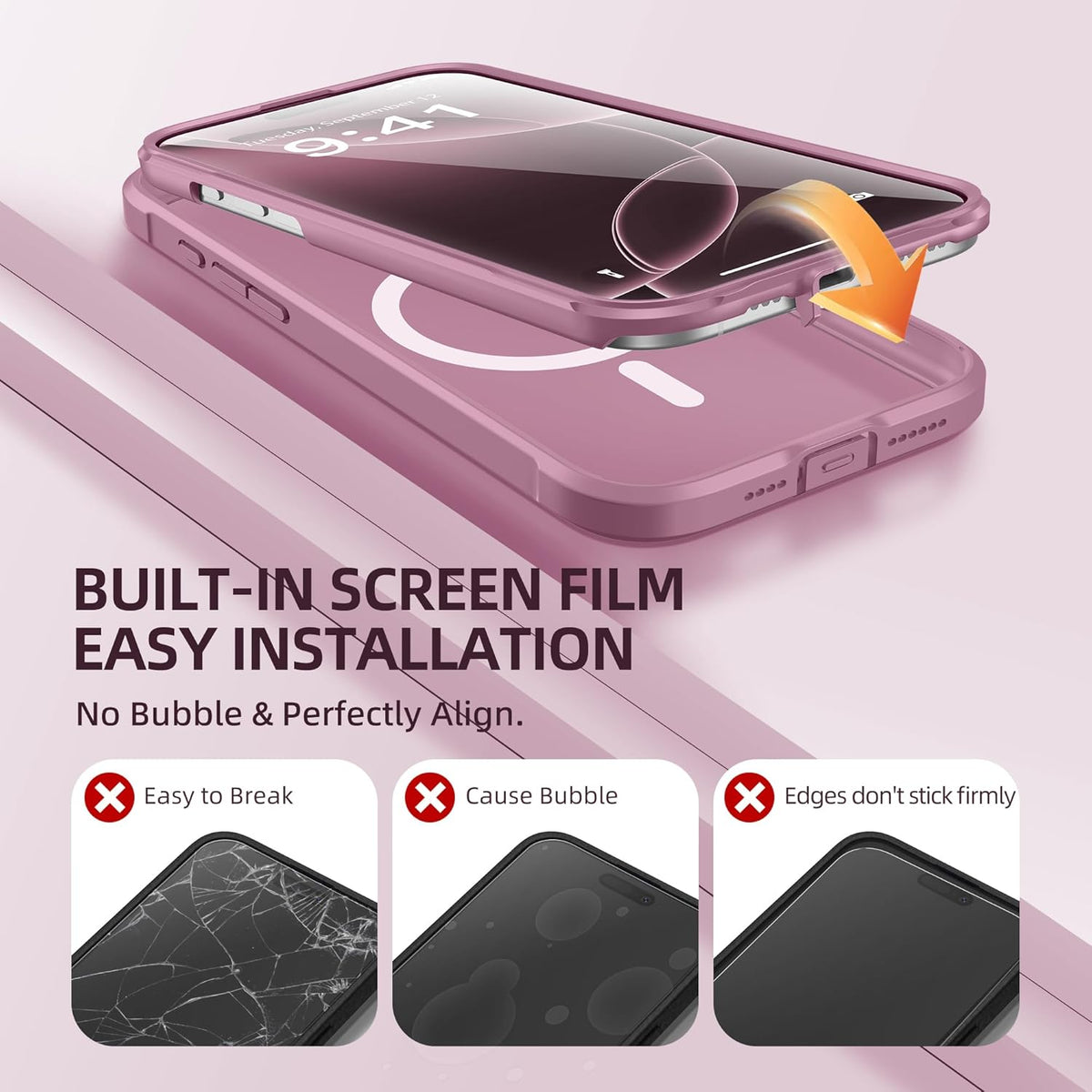 BERFY Magnetic for iPhone 16 Pro Max Case, Compatible with MagSafe, [Built-in 9H Tempered Glass Screen Protector & Camera Protection] Full Body Matte Phone case for 16 Pro Max, Palevioletred