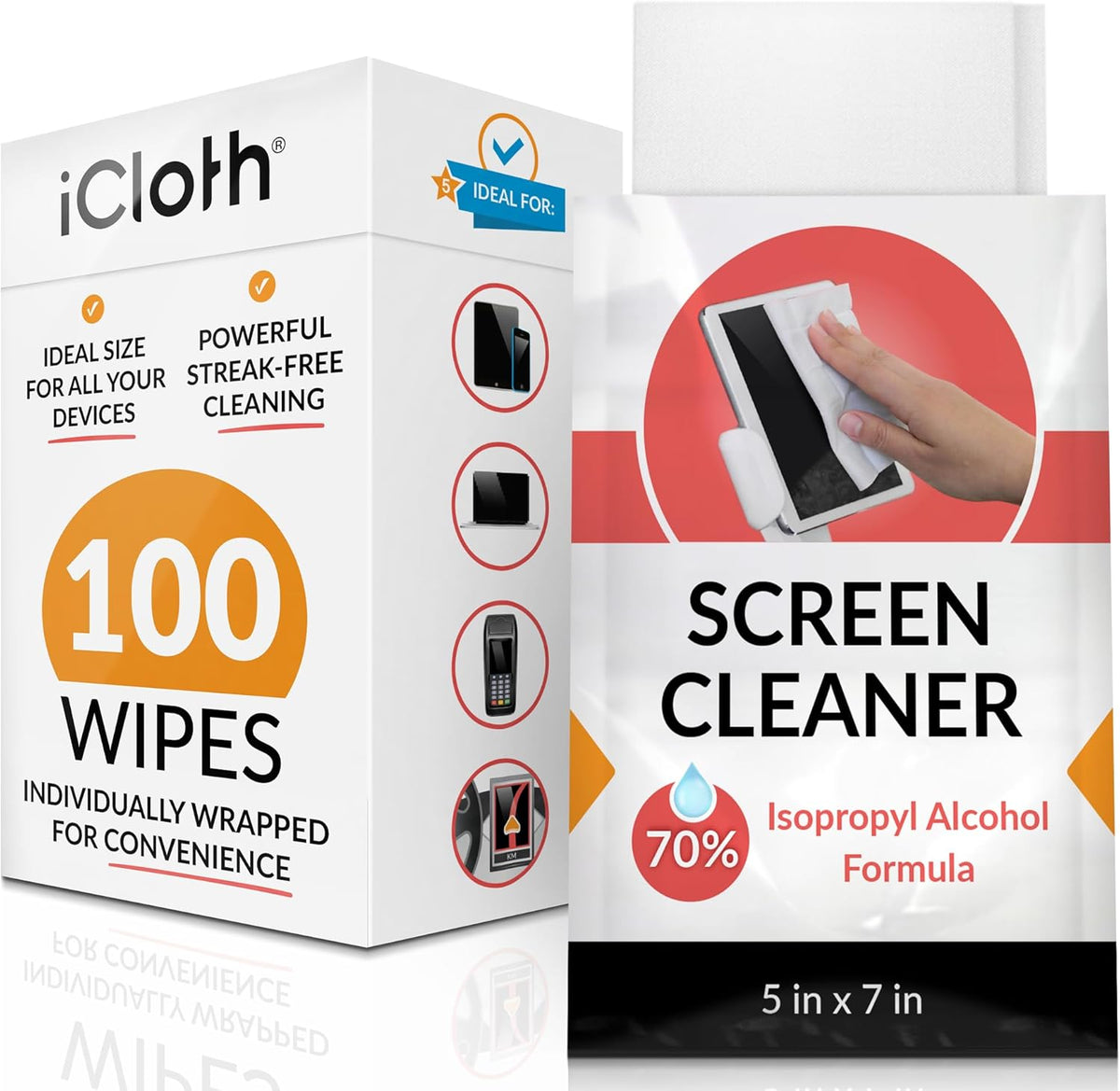 iCloth 70% Isopropyl Alcohol Large Screen and Electronics Wipes, Lint-Free, Streak-Free, Fast-Drying, Removes Dust and Fingerprints (100 Wipes)