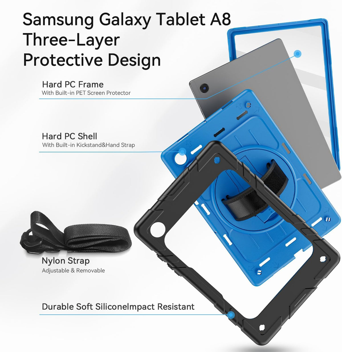 for Samsung Galaxy Tablet A8 Case 10.5 inch 2022 SM-X200/X205/X207 with Screen Protector [360 Rotating Stand] &Hand Shoulder Strap Shockproof Rugged Protective Cover|Black&Blue