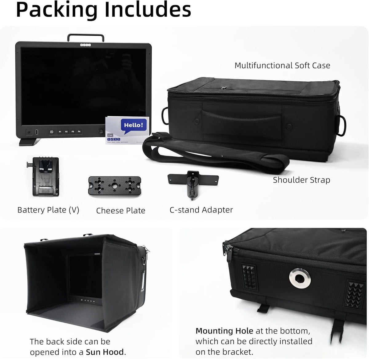 osee Mega 15S 15inch 1500 Nits Higher Bright Pro HDR Field Production Monitor Camera Assist Monitor with Battery Plate C-Stand Cheese Plate and Portable Hooded Case