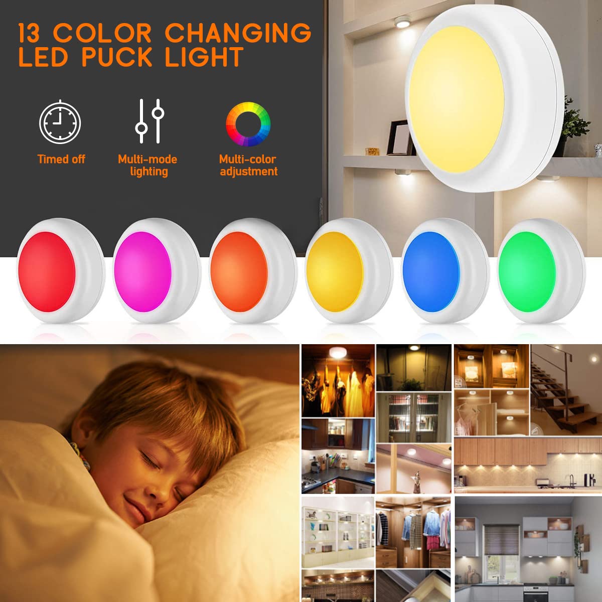 SIXDEFLY LED Puck Lights with Wireless Remote, 13 Colors RGB Dimmable Under Cabinet, Battery Powered Color Changing, Party Atmosphere for Kitchen