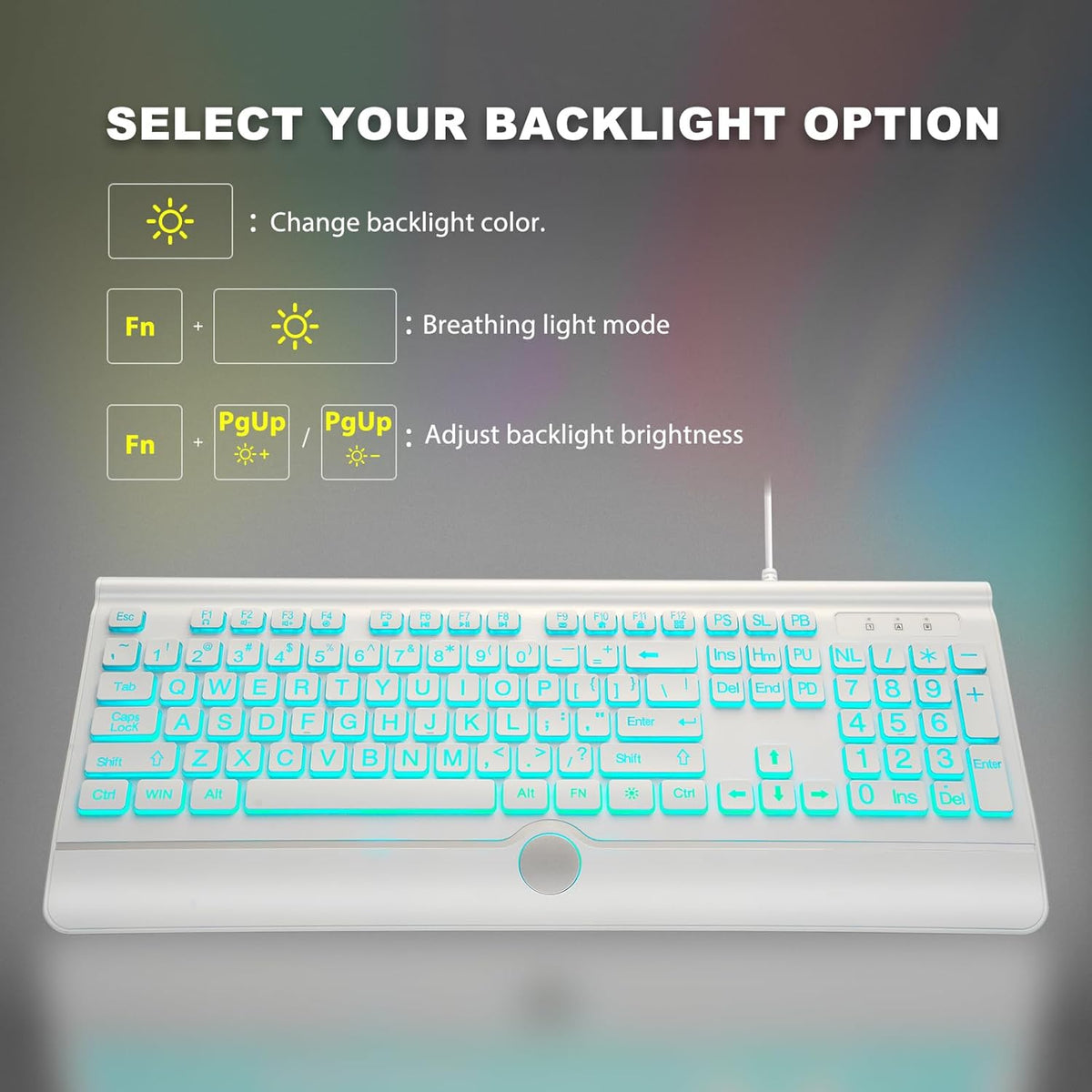 Large Print Backlit Computer Keyboard, USB Full Size Wired Keyboards with 7-Colors Backlight, Wrist Rest, Light Up Keyboard for Windows, PC, Laptop - Easy to See, Easy to Setup