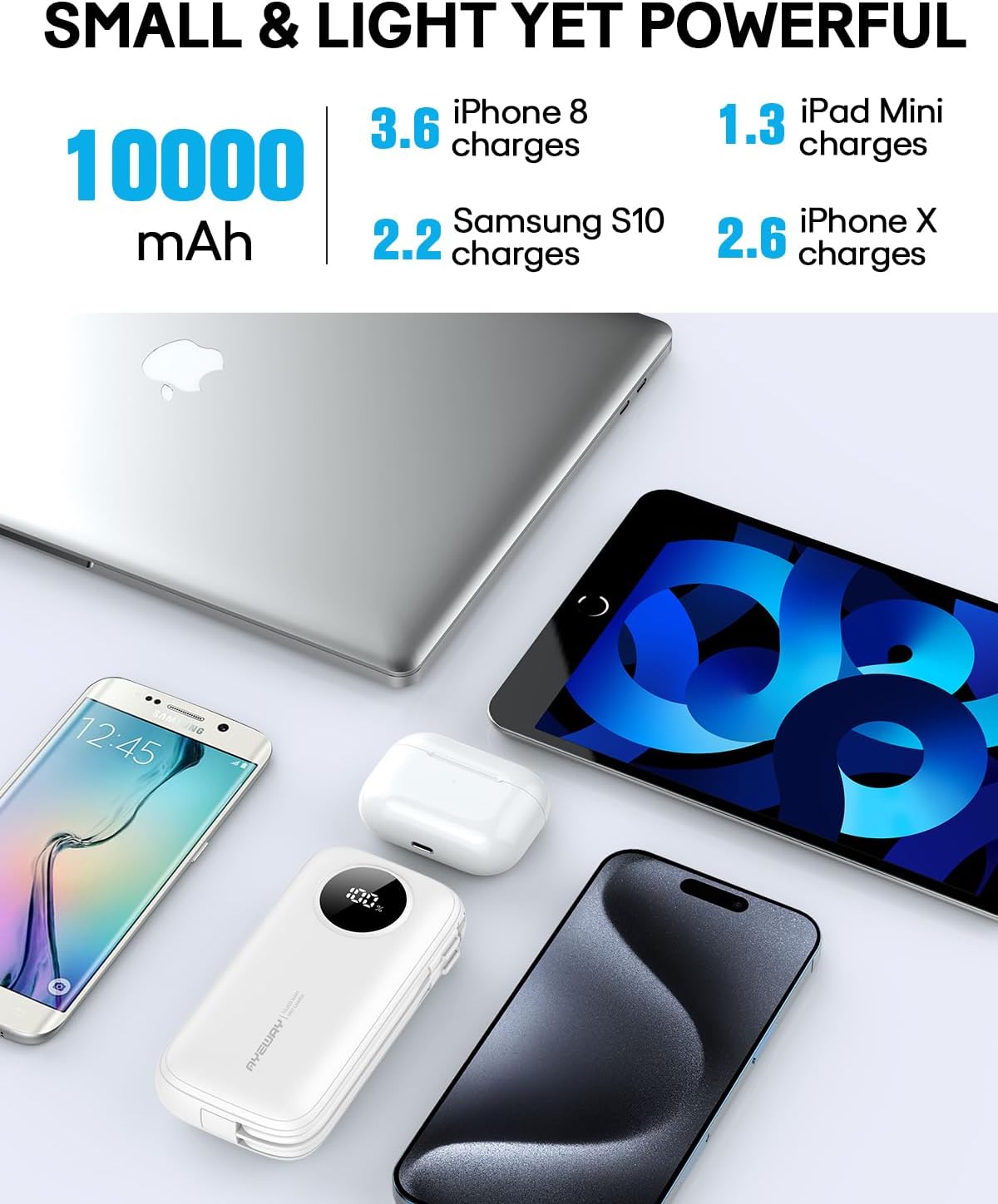 Ayeway Small Power Bank - 10,000mAh USB C Fast Charge Battery Pack with Built-in Cable, Lightweight External Backup