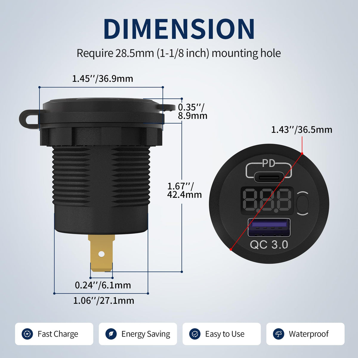 DaierTek 12V USB C Car Charger Socket 3-Pack - 48W PD & QC 3.0 Fast Charging Dual USB Outlet with Voltmeter & ON/Off Switch, Waterproof 12V Charging