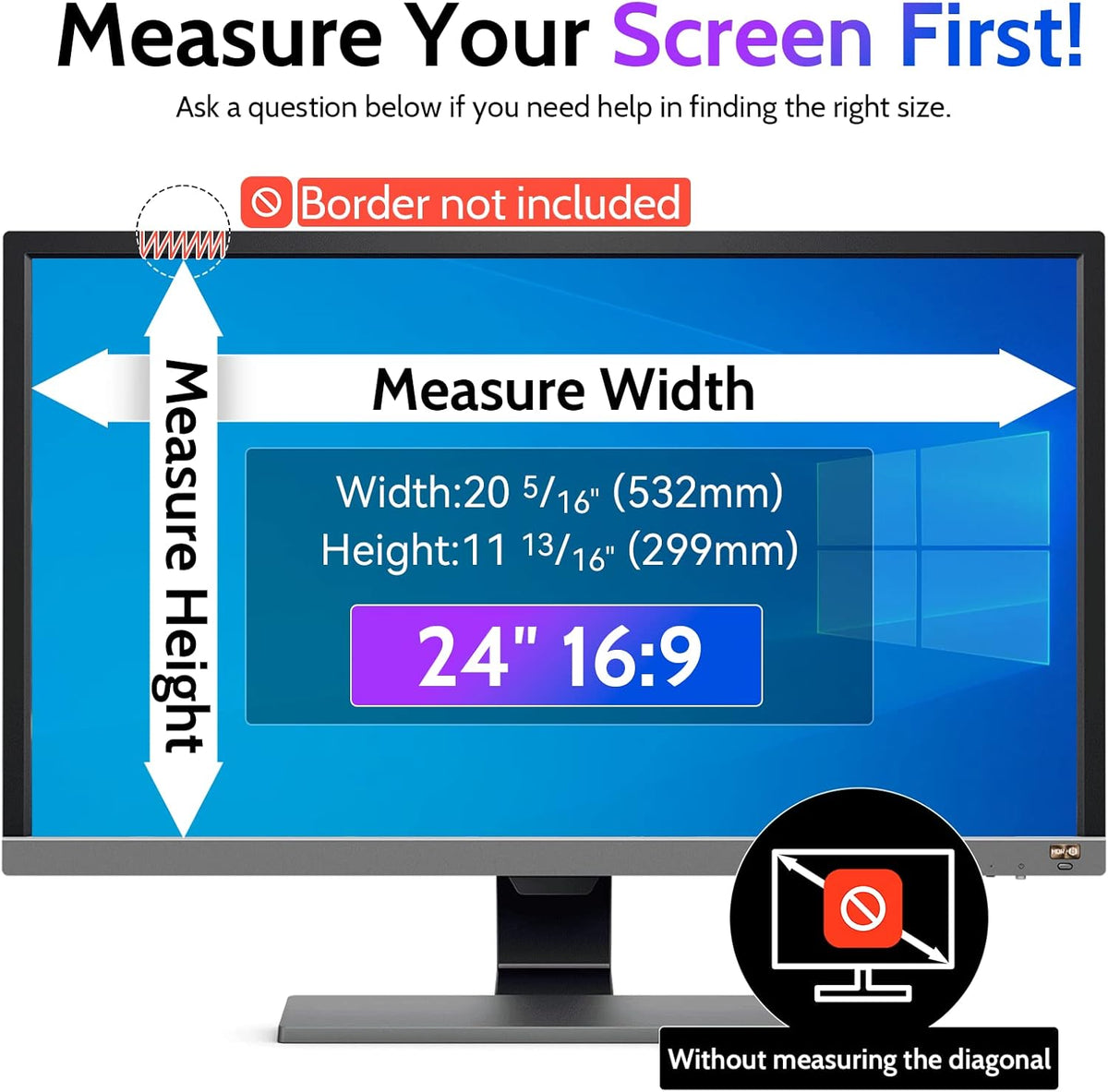 Computer Privacy Screen 24 Inch for 16:9 Widescreen Monitor, Removable 24inch Anti Blue Light Anti Glare Monitor Privacy Filter Shield (20 15/16" x 11 13/16")