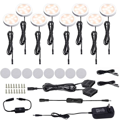 AIBOO LED Under Cabinet Puck Lights Kit with Touch Dimming Switch for Accent Display in Cabinet Lighting (8 Lights,Warm White)